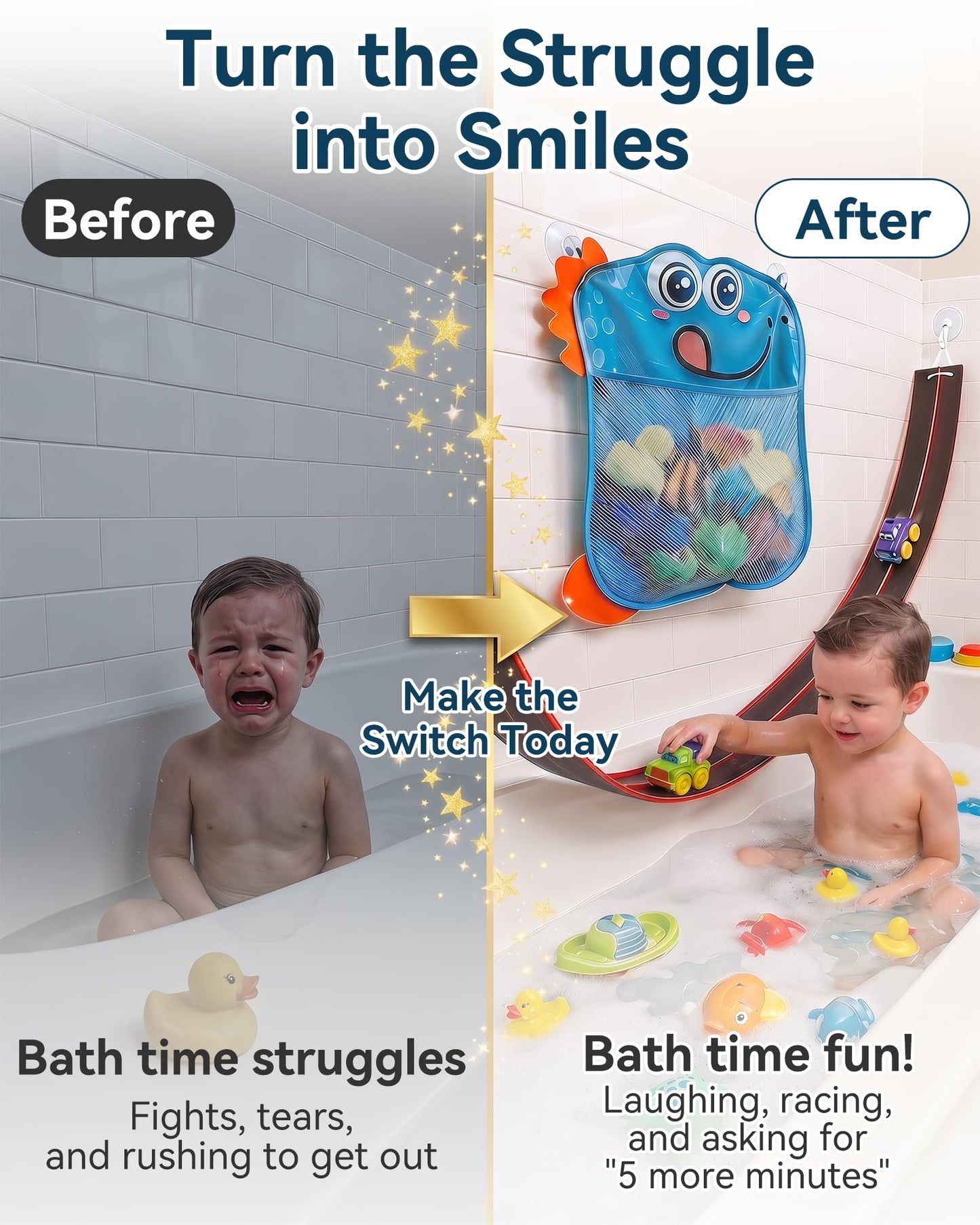 Race Car Bath Toy Set for Toddlers 3+ - 1.5m Flexible Bathtub Track with 2 Ways to Mount, Includes 2 Waterproof Cars + Blue Dinosaur Mesh Storage Bag