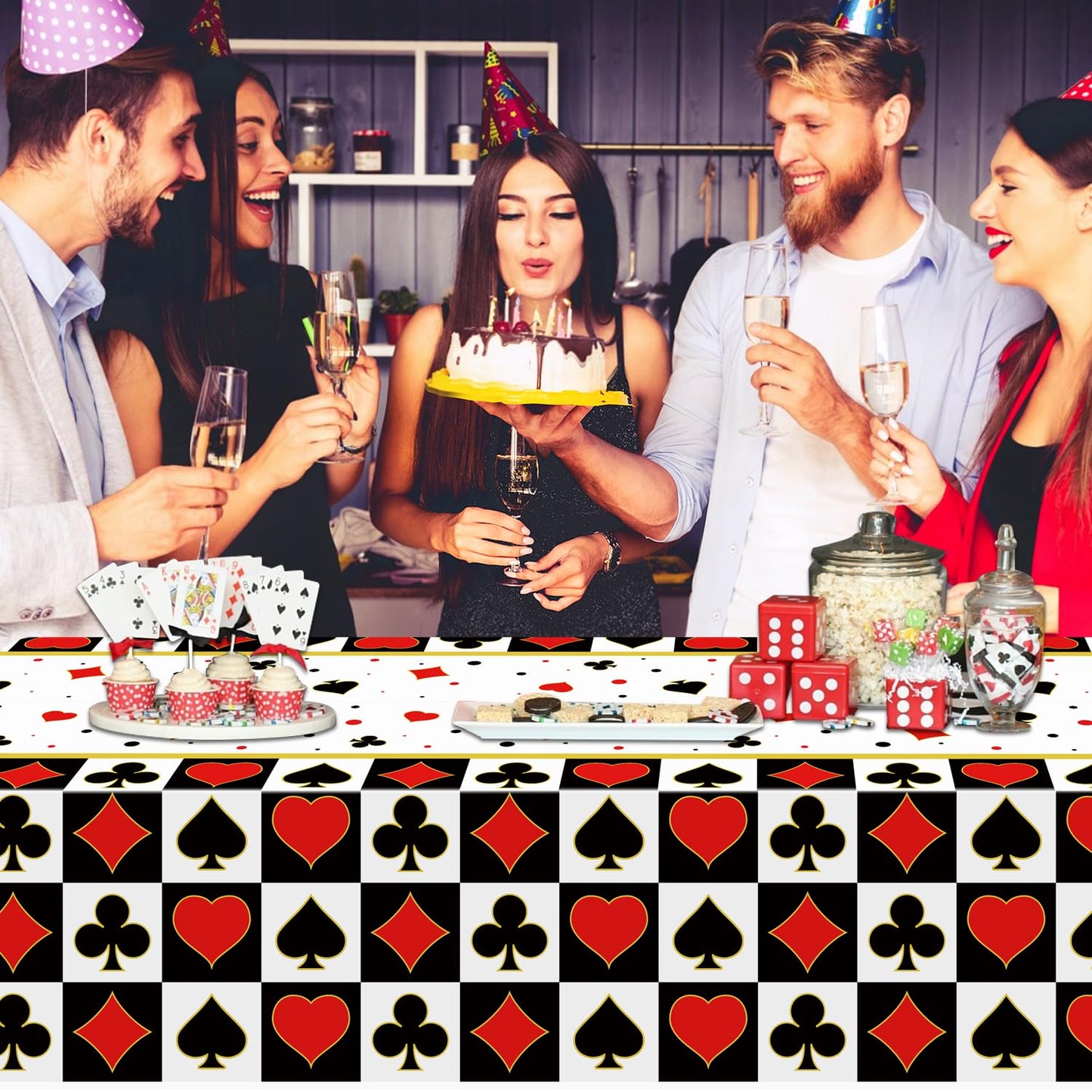 BASHLY 3-Pack Poker Tablecloths - 86”x51” Waterproof Plastic Casino Table Cover for Game Nights, Casino Themed Party Decoration, Playing Card