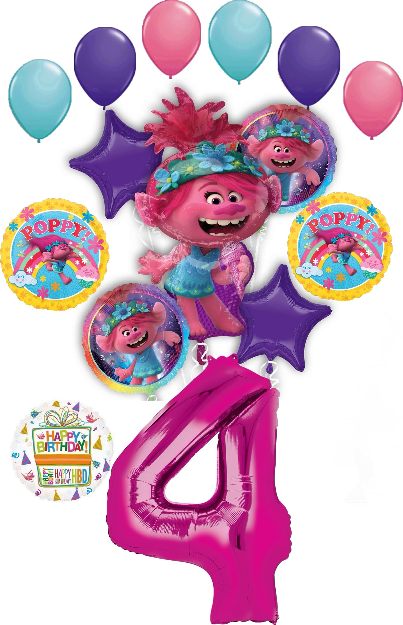 Poppy World Tour 4th Birthday Party Supplies Trolls 15pc Balloons Bouquet