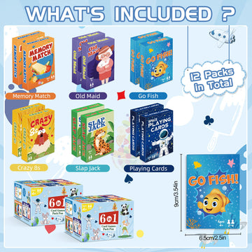 Kids Card Games,12 Decks,Go Fish, Old Maid, Crazy Eights, Memory Match, Slap Jack, Space Playing Cards, Family Game Night Classic Table Games