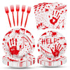 100 Pieces Halloween Bloody Handprint Tableware Set, Blood Splatter Plates, Napkins, and Red Plastic Forks for Halloween, Horror Birthday, Zombie
