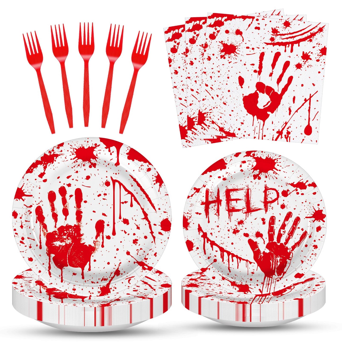 100 Pieces Halloween Bloody Handprint Tableware Set, Blood Splatter Plates, Napkins, and Red Plastic Forks for Halloween, Horror Birthday, Zombie