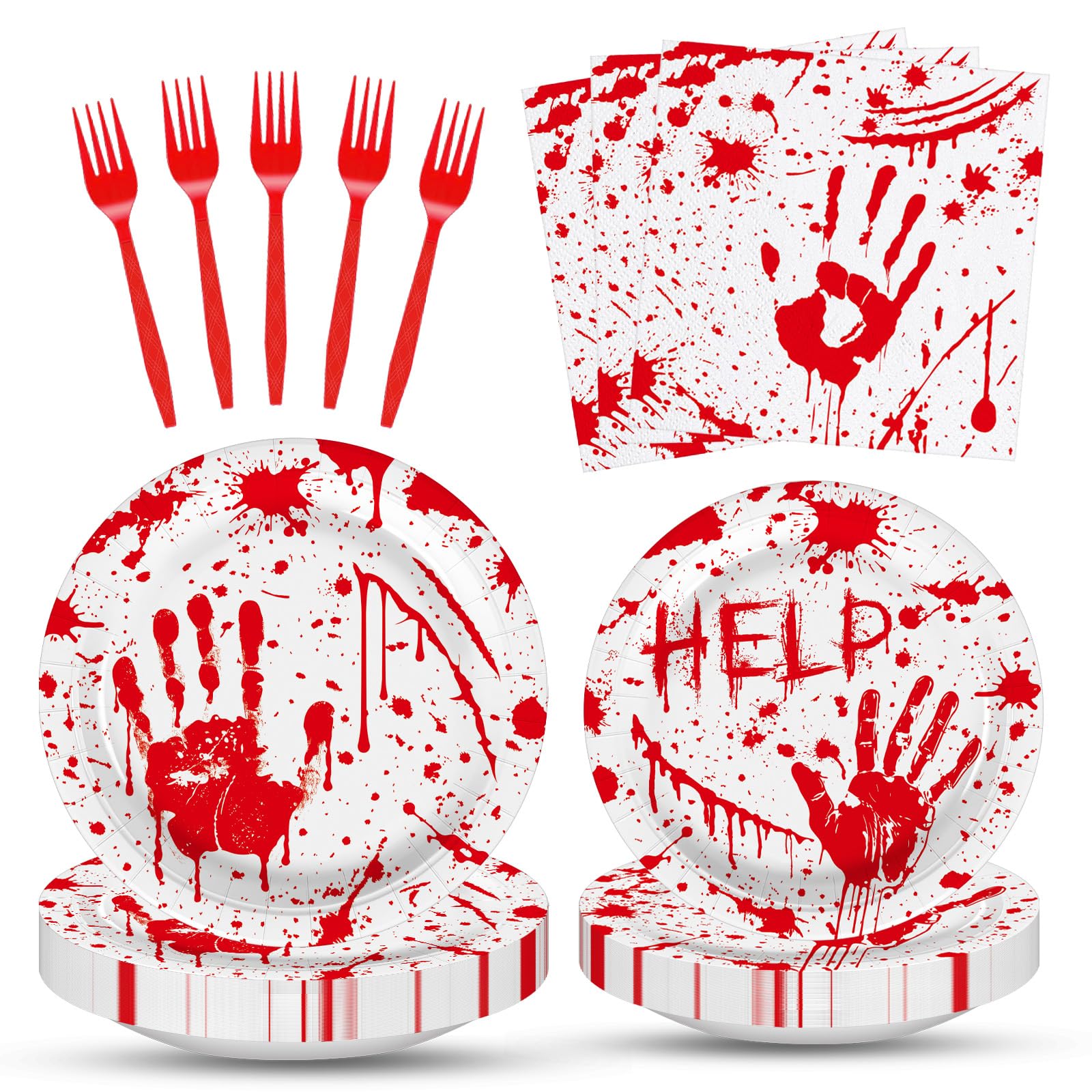 100 Pieces Halloween Bloody Handprint Tableware Set, Blood Splatter Plates, Napkins, and Red Plastic Forks for Halloween, Horror Birthday, Zombie