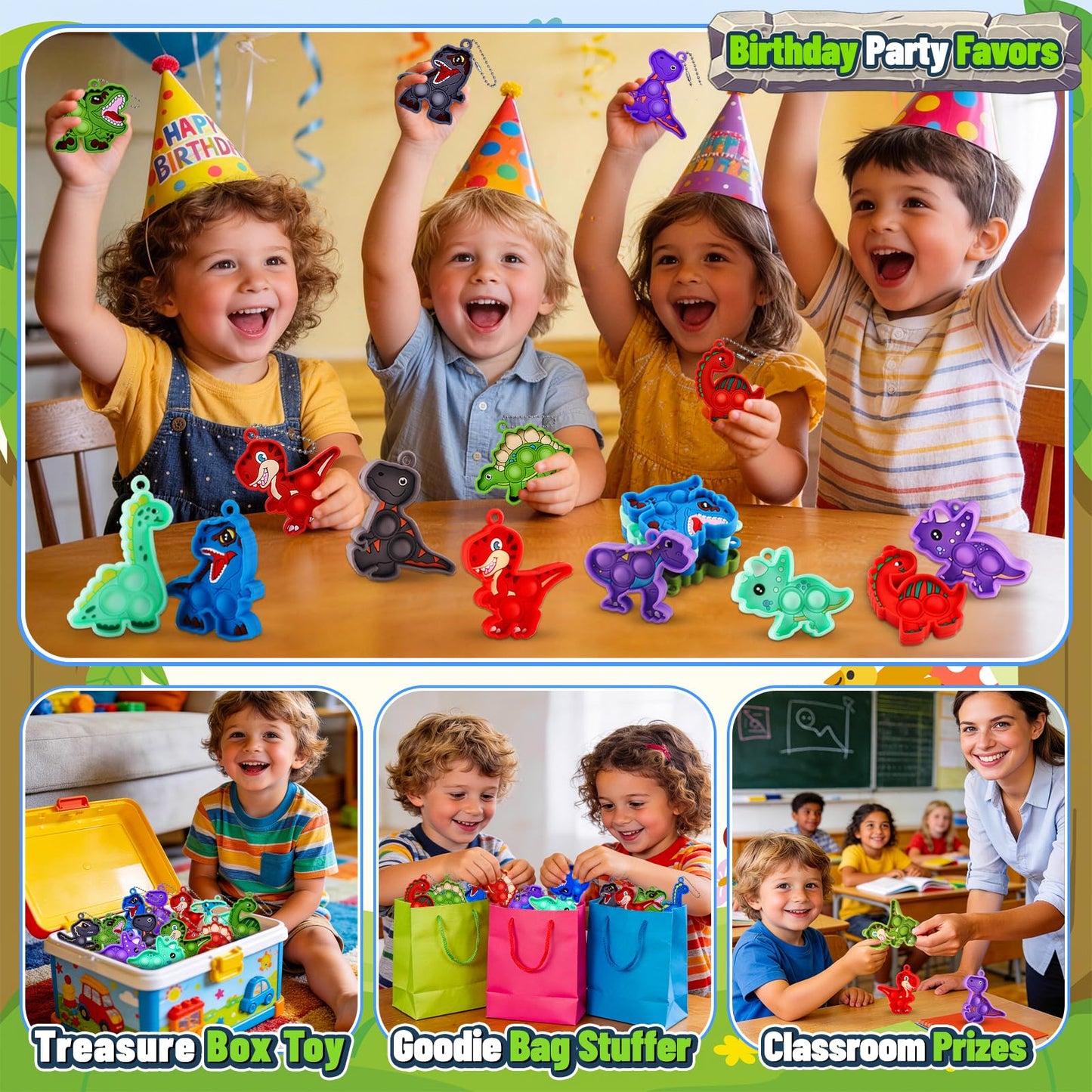 Kiss Monkey 24 Pack Dinosaur Party Favors for Kids, 12 Styles Dinosaur Silicone Fidget Keychains Bulk, Pop Sensory Fidget Toys, Birthday Goodie Bag