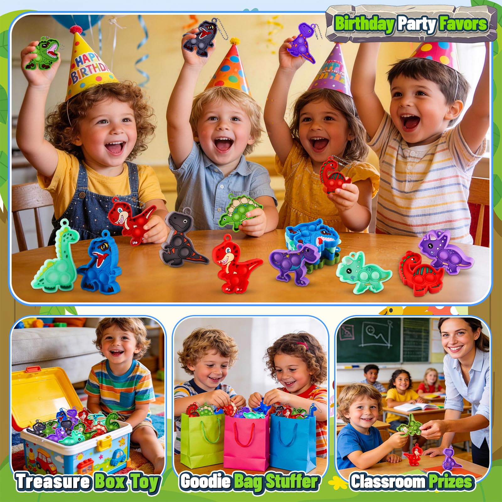 Kiss Monkey 24 Pack Dinosaur Party Favors for Kids, 12 Styles Dinosaur Silicone Fidget Keychains Bulk, Pop Sensory Fidget Toys, Birthday Goodie Bag