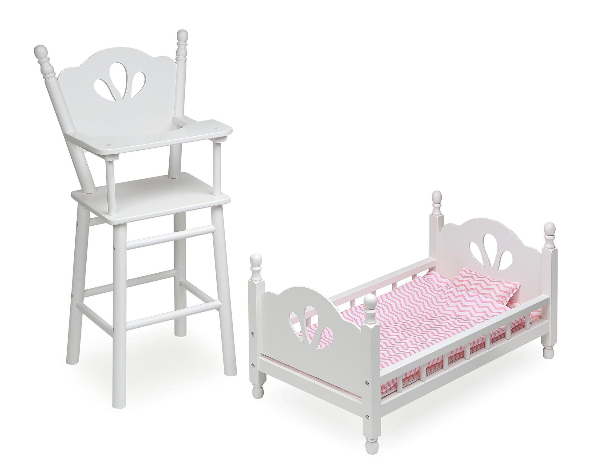 Badger Basket Doll High Chair and Bed Set - Classic Wooden Furniture for 18 Inch Dolls with Chevron Bedding, Spindle Styling, Fixed Tray and Pillow
