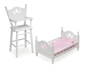 Badger Basket Doll High Chair and Bed Set - Classic Wooden Furniture for 18 Inch Dolls with Chevron Bedding, Spindle Styling, Fixed Tray and Pillow