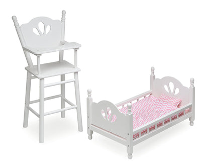 Badger Basket Doll High Chair and Bed Set - Classic Wooden Furniture for 18 Inch Dolls with Chevron Bedding, Spindle Styling, Fixed Tray and Pillow
