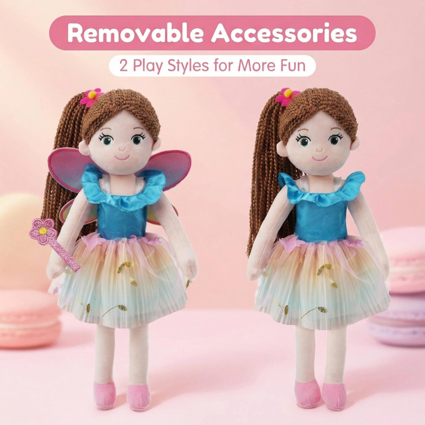 June Garden 4-Piece Fairy Doll Clothing Set for 14” Dolls - Removable Dress Up Outfit with Wings, Rainbow Tutu Skirt & Magic Wand - Interchangeable