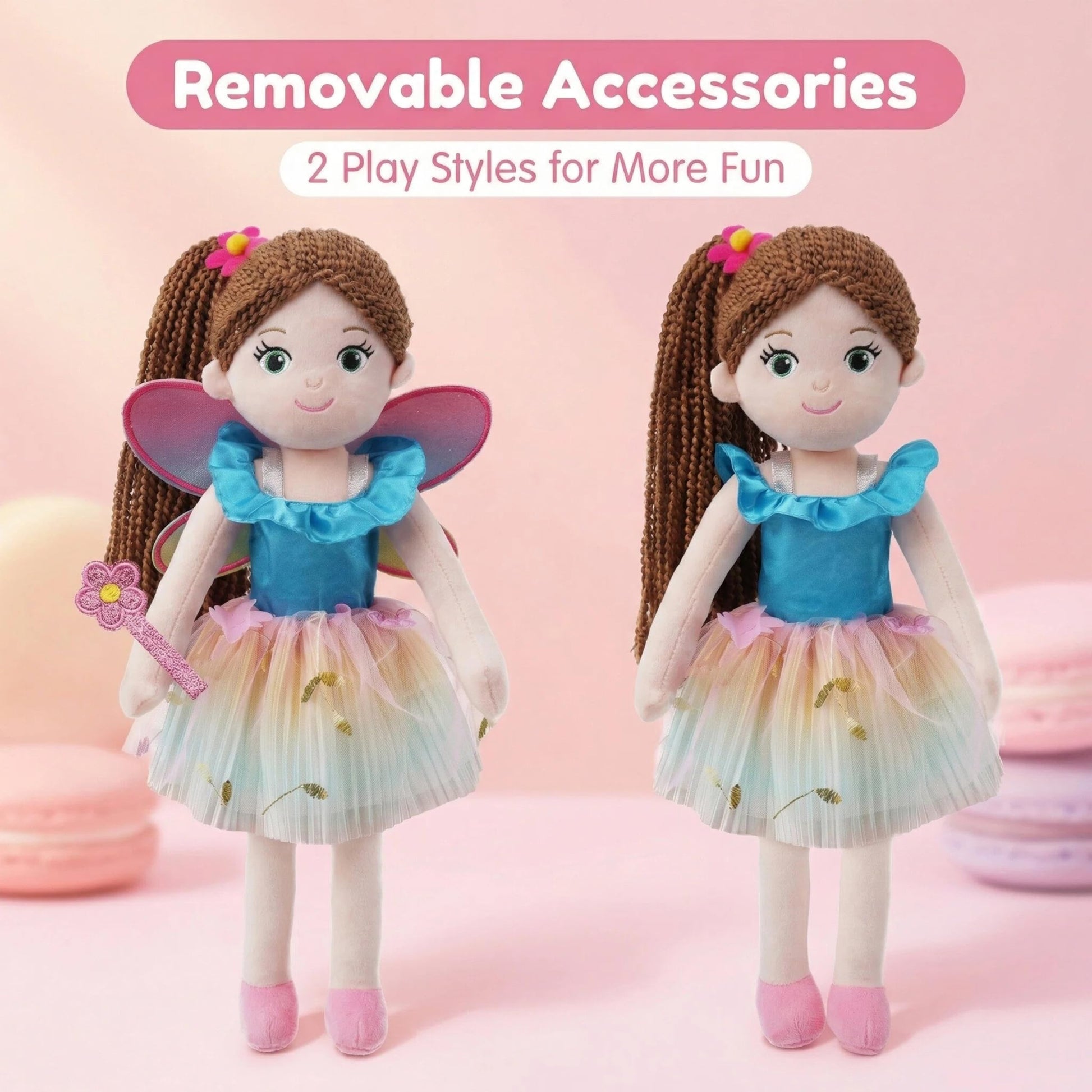 June Garden 4-Piece Fairy Doll Clothing Set for 14” Dolls - Removable Dress Up Outfit with Wings, Rainbow Tutu Skirt & Magic Wand - Interchangeable
