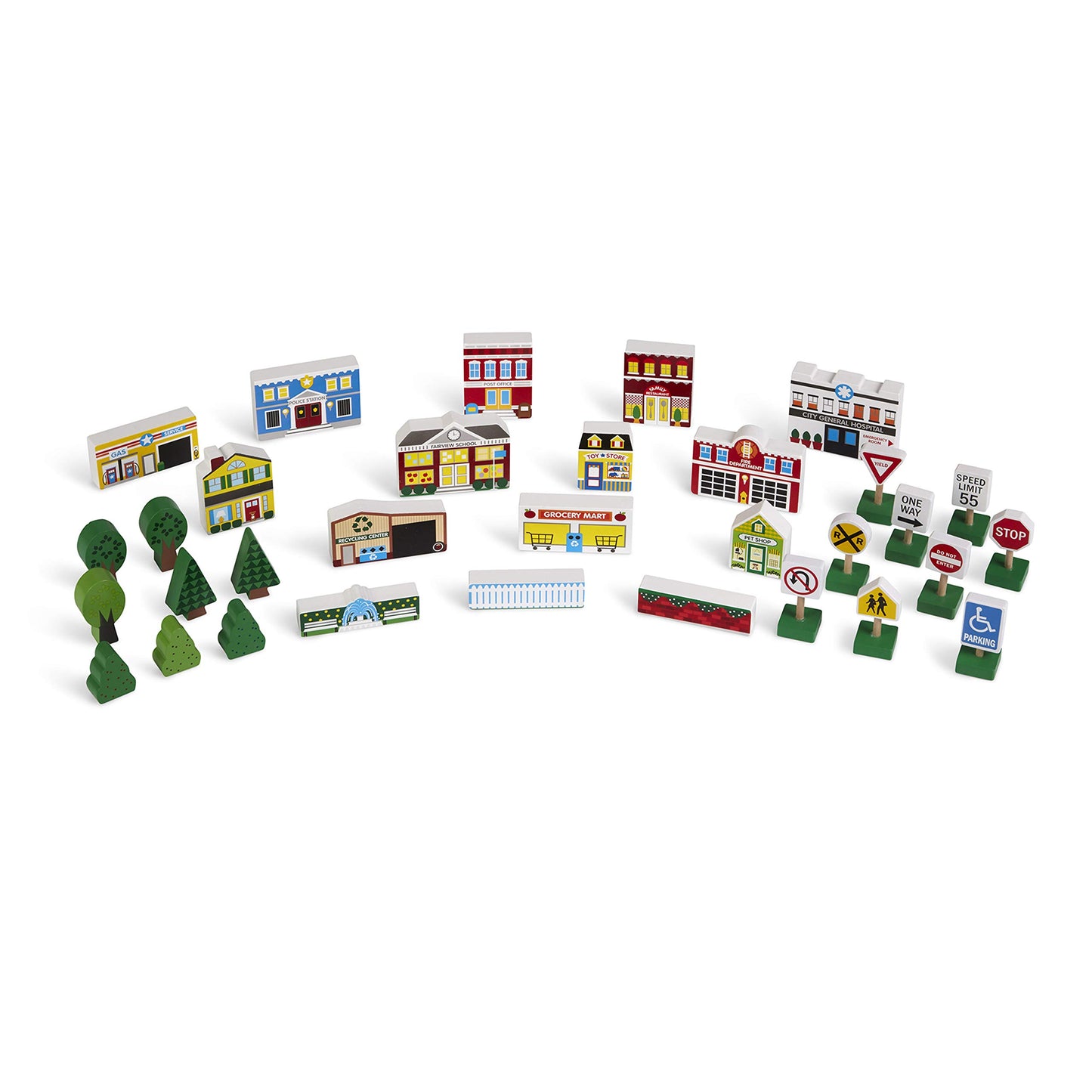 Melissa & Doug Wooden Town Play Set with Storage Tray (32 pcs) Pretend Play Wooden Town Set for Kids with Storage