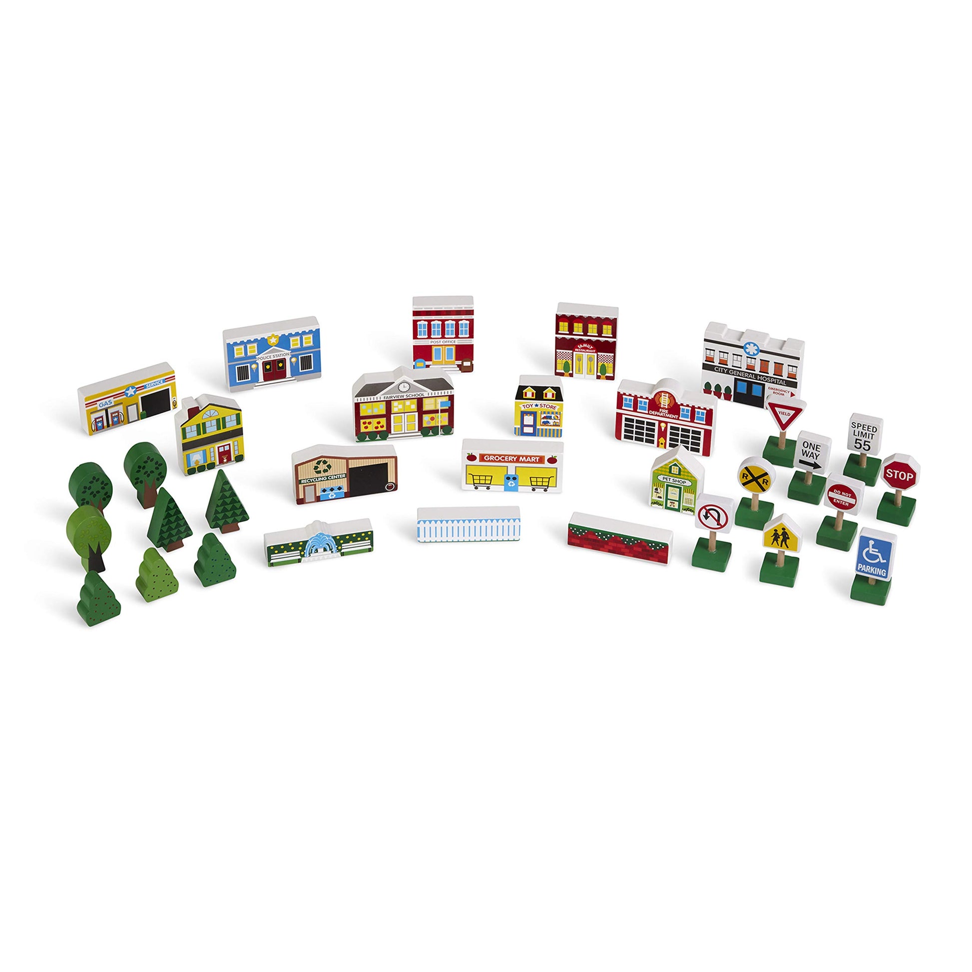 Melissa & Doug Wooden Town Play Set with Storage Tray (32 pcs) Pretend Play Wooden Town Set for Kids with Storage
