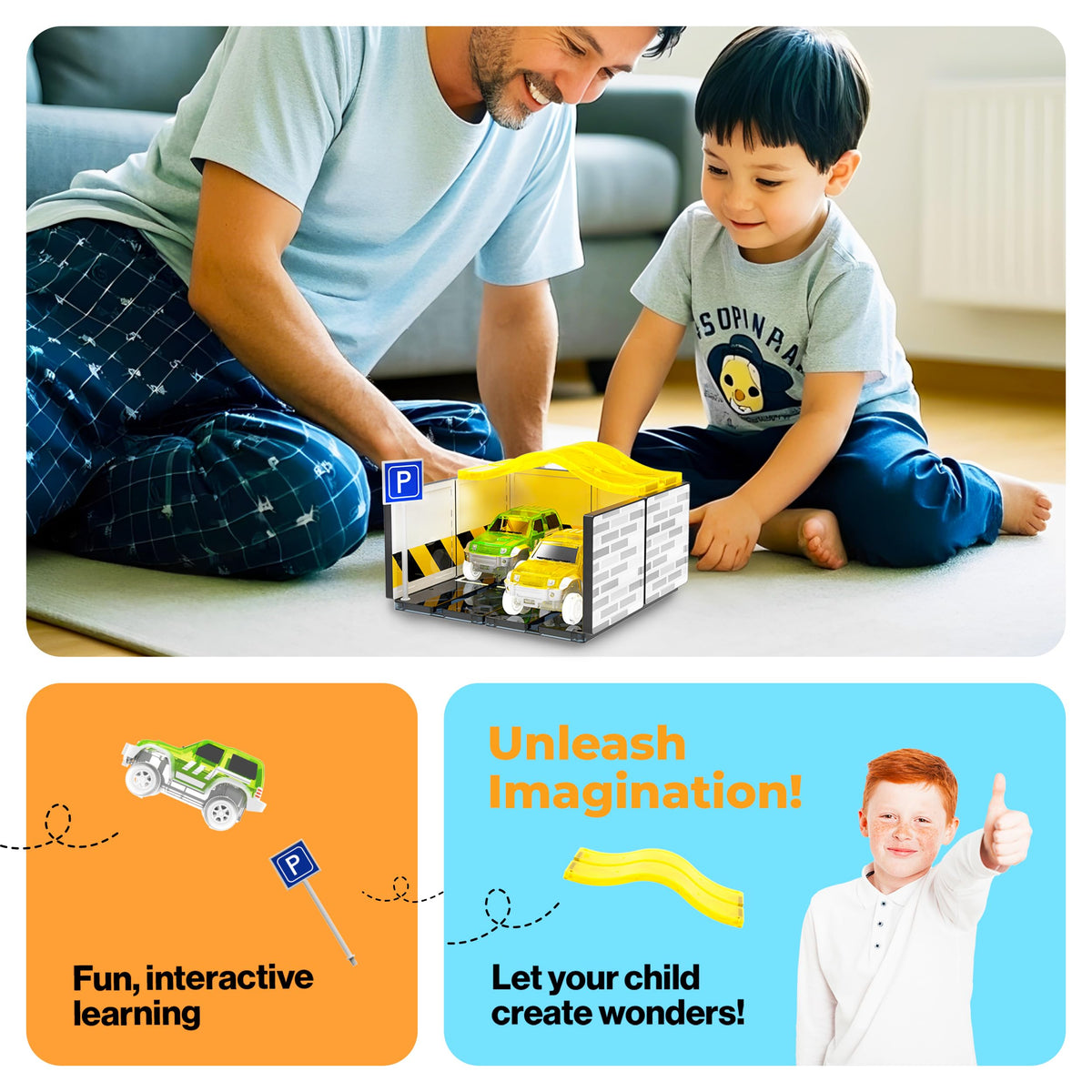 PicassoTiles Magnetic Tiles Race Car Track Kit Parking Garage Expansion Pack with 2 Cars Magnet Tile Building Blocks Educational Toy Learning Kit