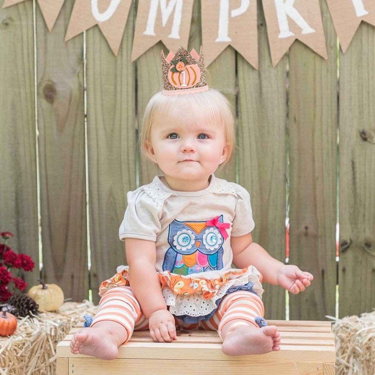 Agvgaza Pumpkin First Birthday Crown - Floral Pumpkin Theme One Birthday Hat, Golden Glitter Hat for Halloween Harvest Photo Prop