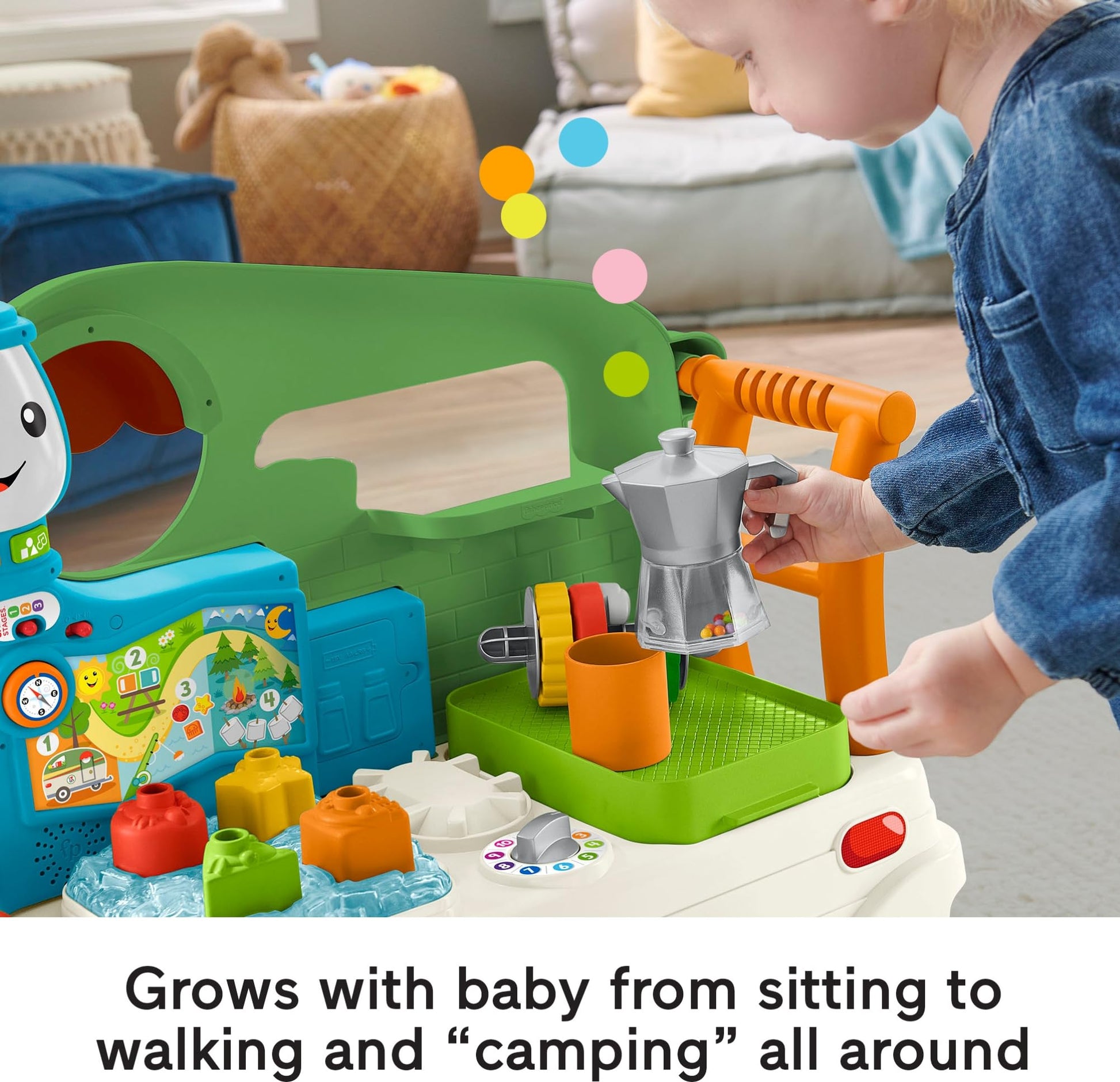 Fisher-Price Baby to Toddler Toy Laugh & Learn 3-in-1 On-the-Go Camper Walker & Activity Center with Smart Stages for Ages 9+ Months, Tan/Green