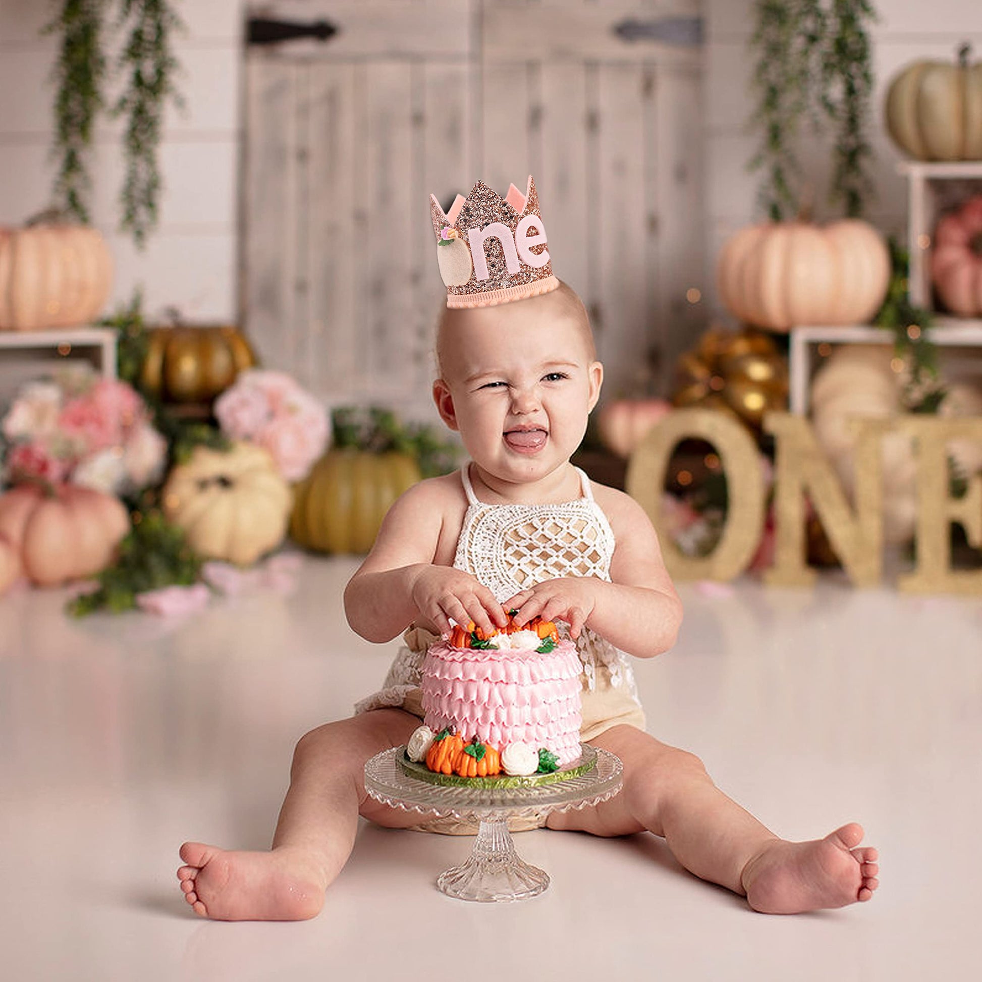 Little Pumpkin First Birthday Crown - Pumpkin Theme Birthday Decorations for Baby Girls, Floral Pumpkin 1st Birthday Crown, Birthday Tiara, Baby Girls