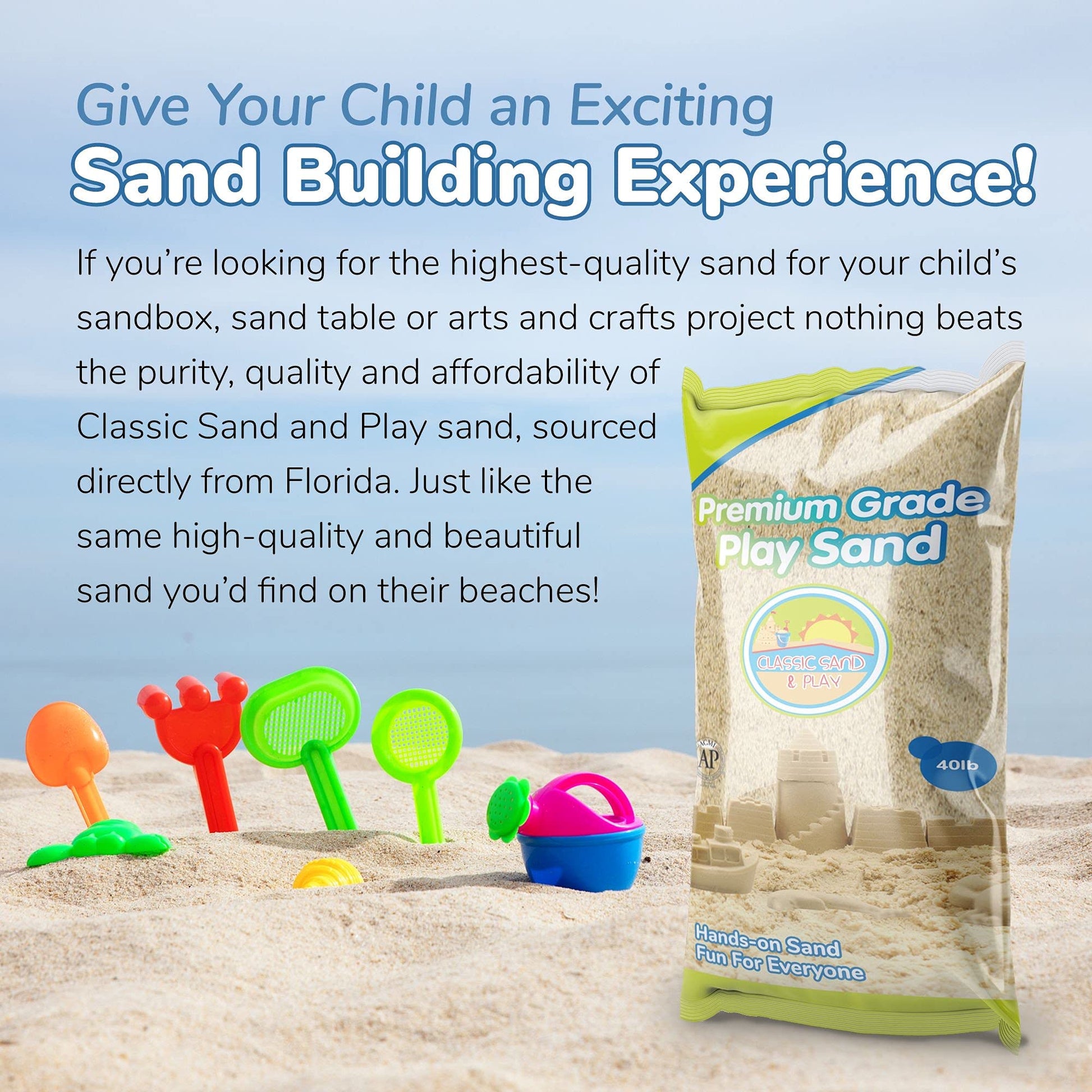 Classic Sand and Play Sand for Sandbox, Table, Therapy, and Outdoor Use, 40 lb. Bag, Natural, Non-Toxic, Wet Castle Building for Creativity