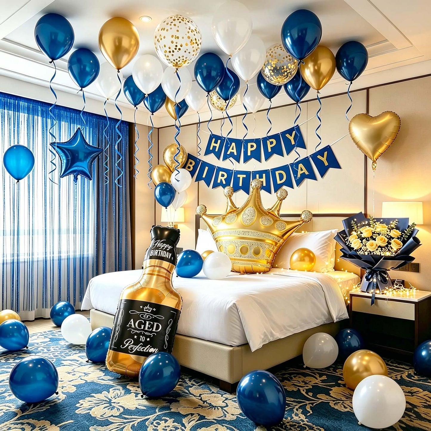 MSMANCY Navy Blue Birthday Decorations for Men, Happy Bithday Banner Foil Balloons Gold White Confetti Balloons for Men Boy Adults Birthday Party