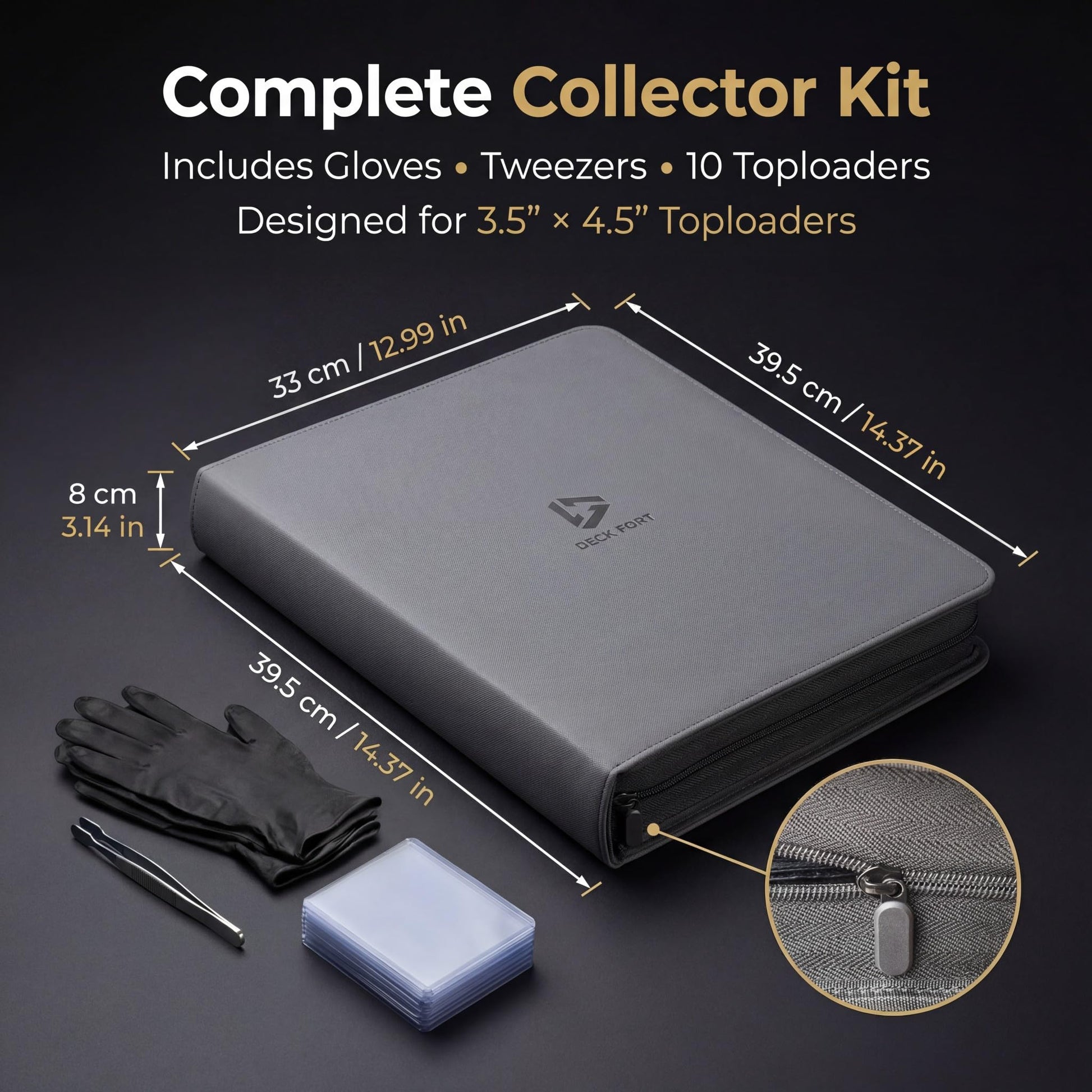 Deck Fort Toploader Binder 9 Pocket Holds 360 Toploaders - Collector Kit Gloves, Tweezers & Gift Box - Holder for 3x4 Top Loaders - Mesh Pocket for