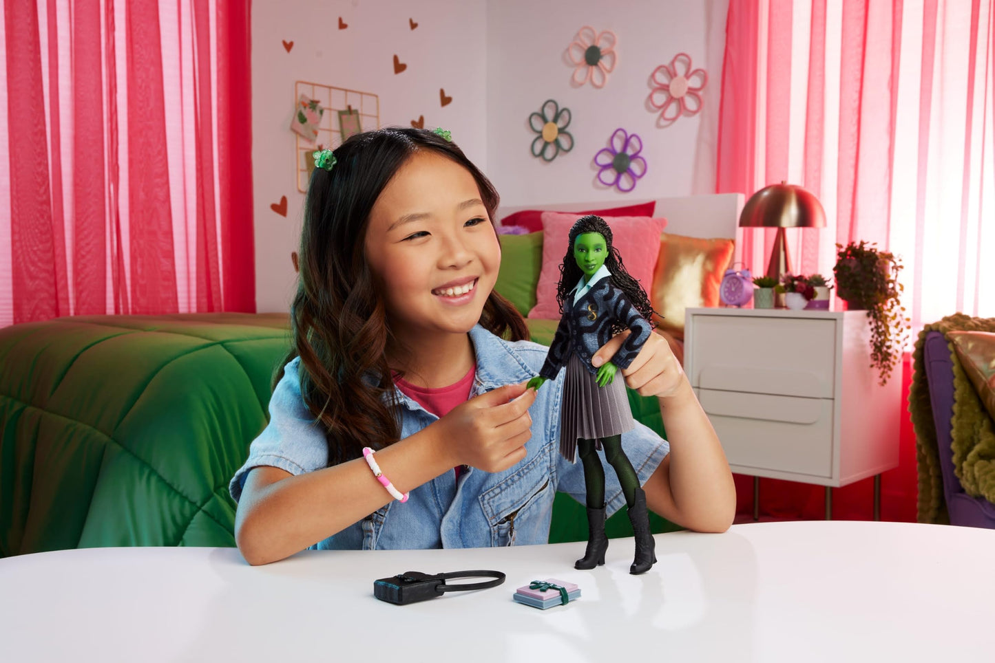 Mattel Universal Wicked Elphaba Fashion Doll & Accessories with Green Skin, Braided Black Hair, Posability & Removable School Uniform