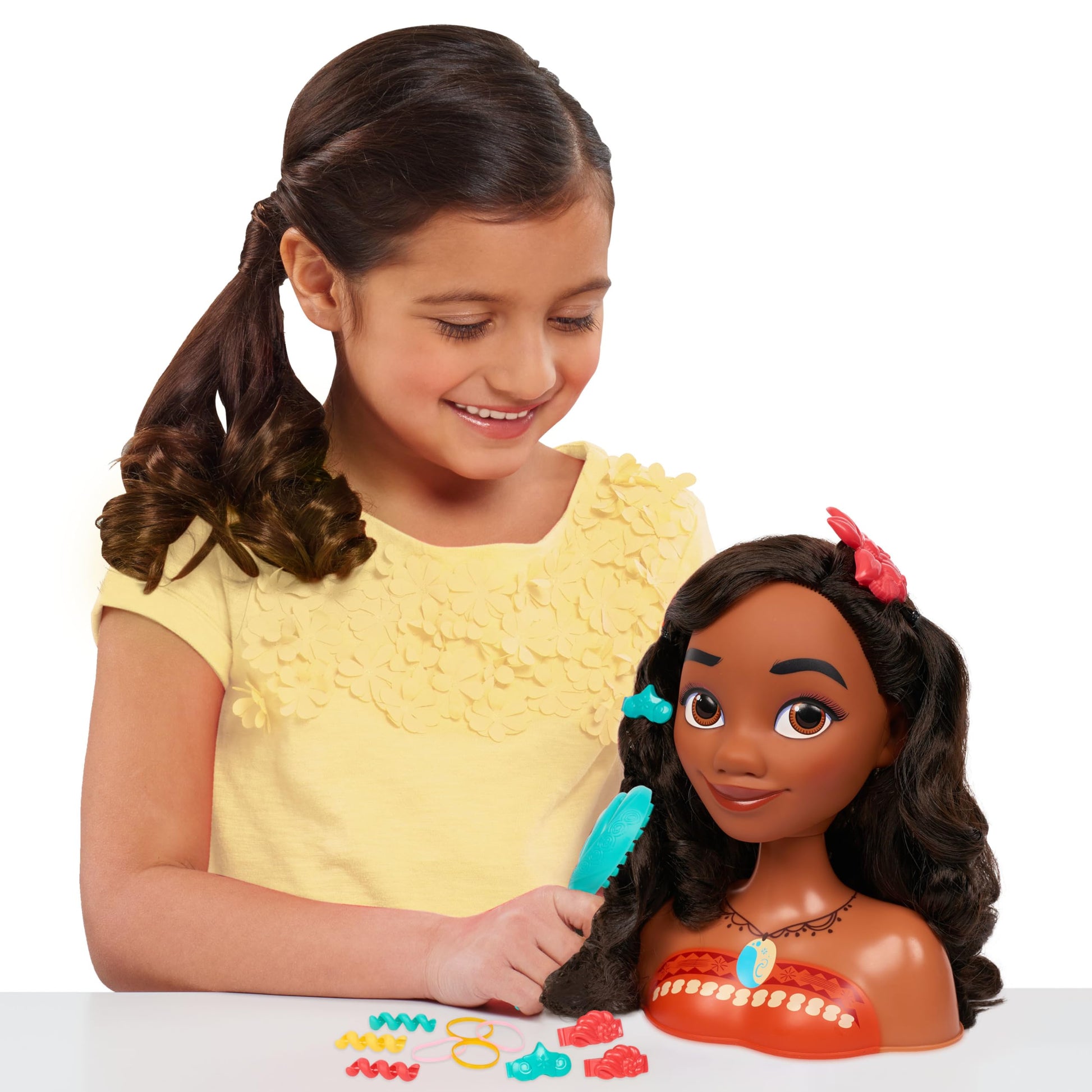 Disney Princess Moana Styling Head with Accessories, 14-pieces, Black Hair, Brown Eyes, Kids Toys for Ages 3 Up by Just Play