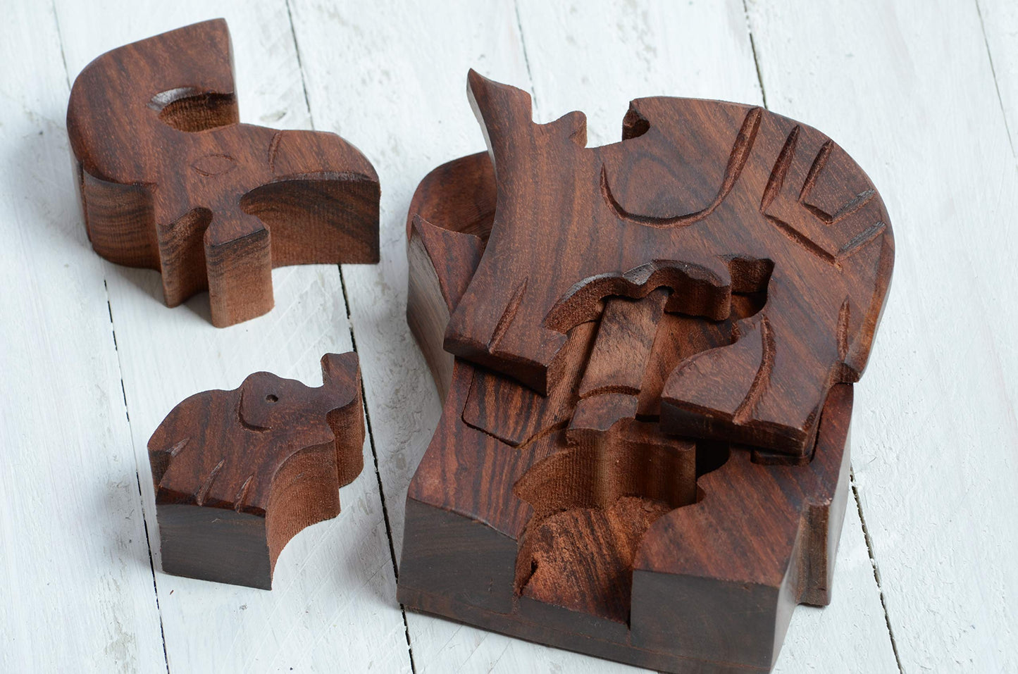 Matr Boomie Fair Trade Gift, Hand Carved Solid Wood Mama Elephant Puzzle Box/Jewelry Box/Puzzle Box for Adults/Brain Teaser with Secret Compartment