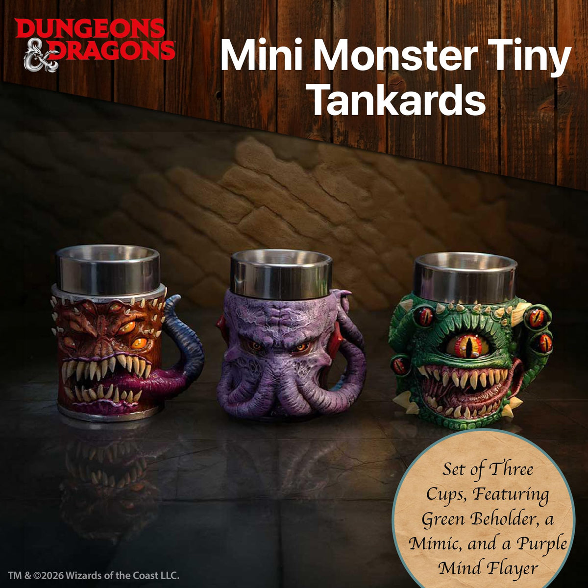 Nemesis Now Dungeons & Dragons Mini Monster Tiny Tankards Set of 3 8.6cm, D&D Drinkware, Stainless Steel Inserts, Hand Painted Resin, Fantasy Mug Set