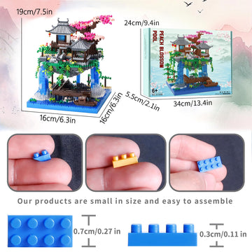LQPFBSM Cherry Blossom Treehouse Micro Mini Building Block Sets with Acrylic Display Box Japanese Bonsai Tree Peach Blossom Pool Architecture Building