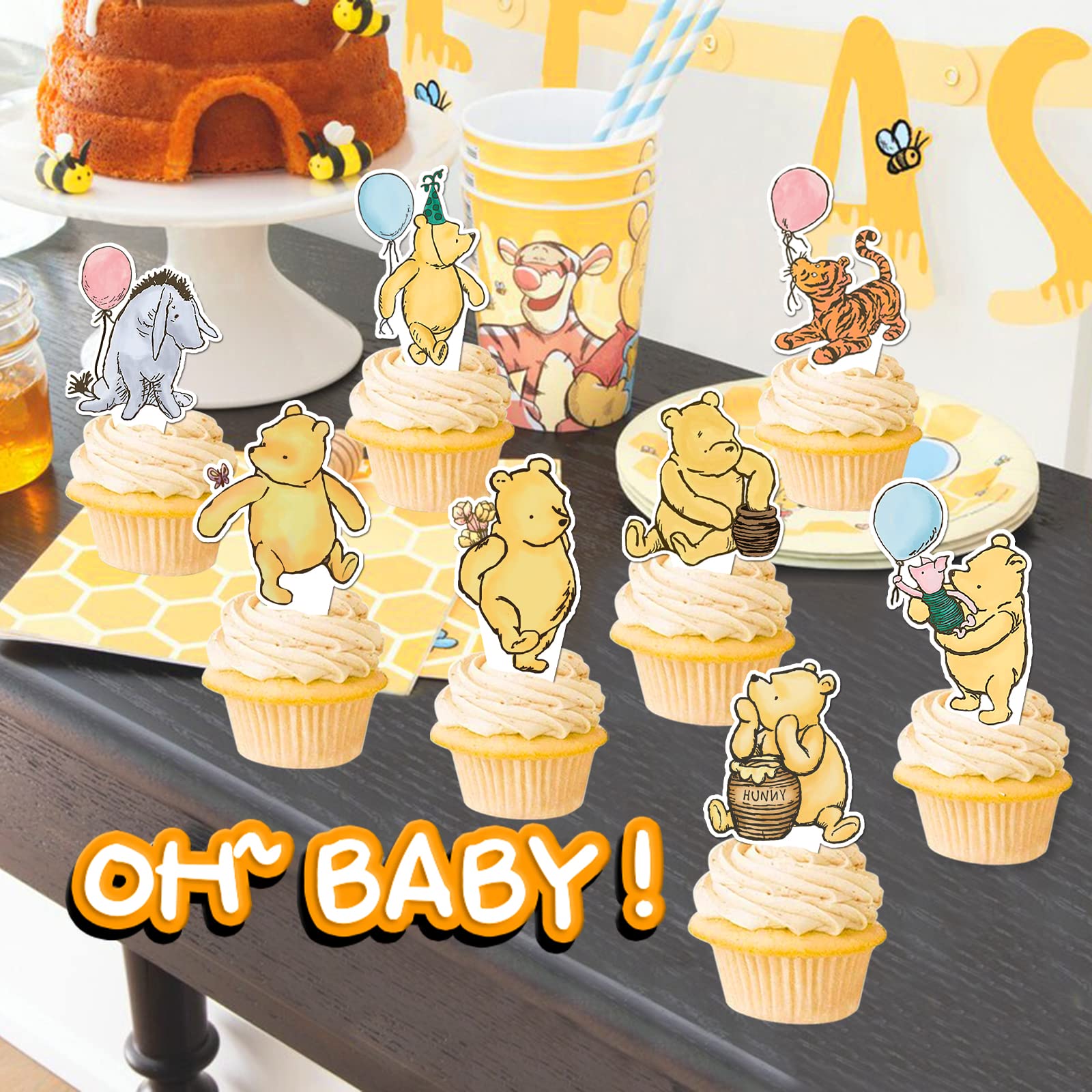 48 Pcs Winnie Baby Shower Cupcake Toppers for Classic Birthday Party Supplies Cute Winnie Cake Topper for Baby Shower Decorations
