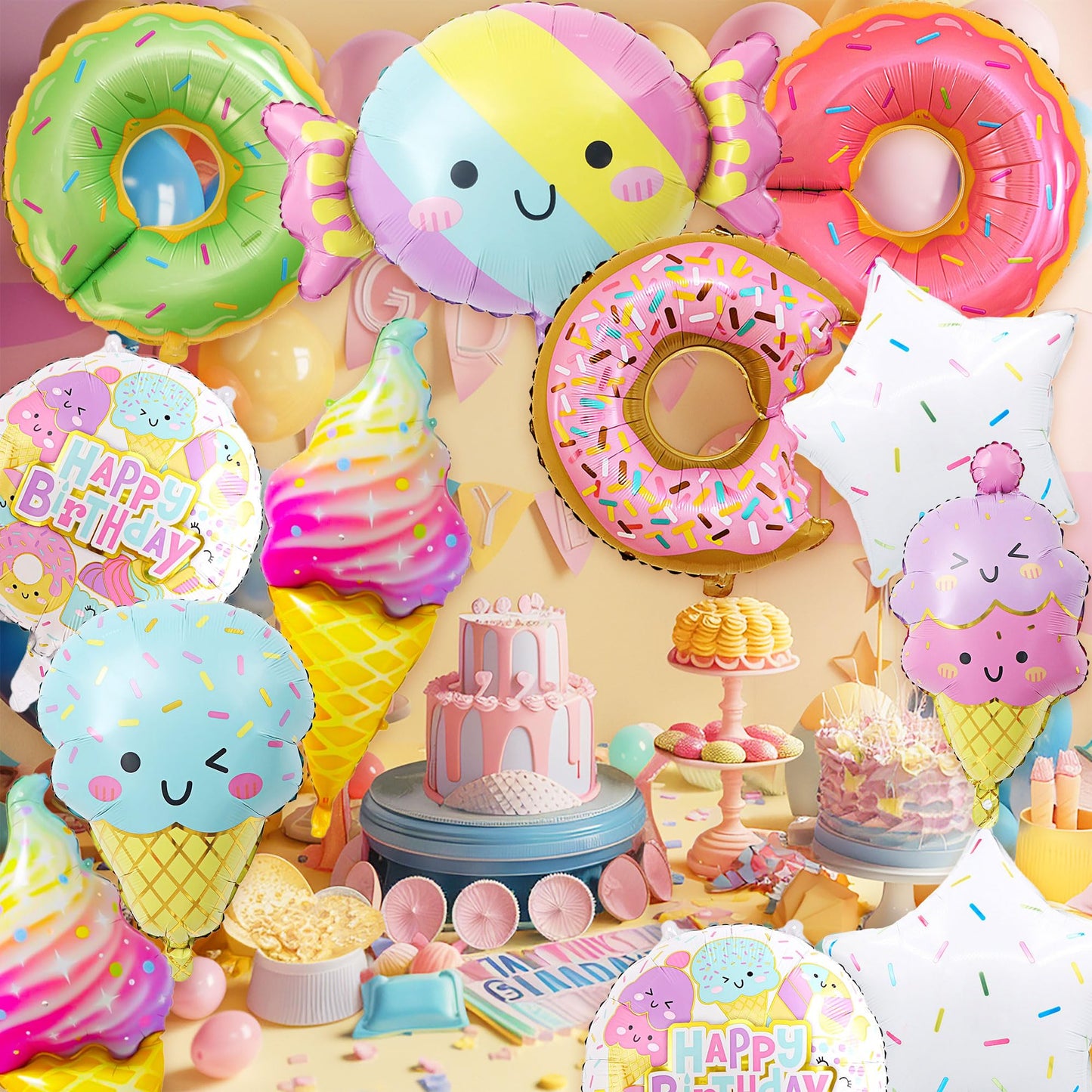 12 PCS Large Ice Cream Theme Balloons, Donut & Candy Foil Mylar Balloons for Ice Cream Party Decorations, Summer Birthday, Baby Shower Supplies
