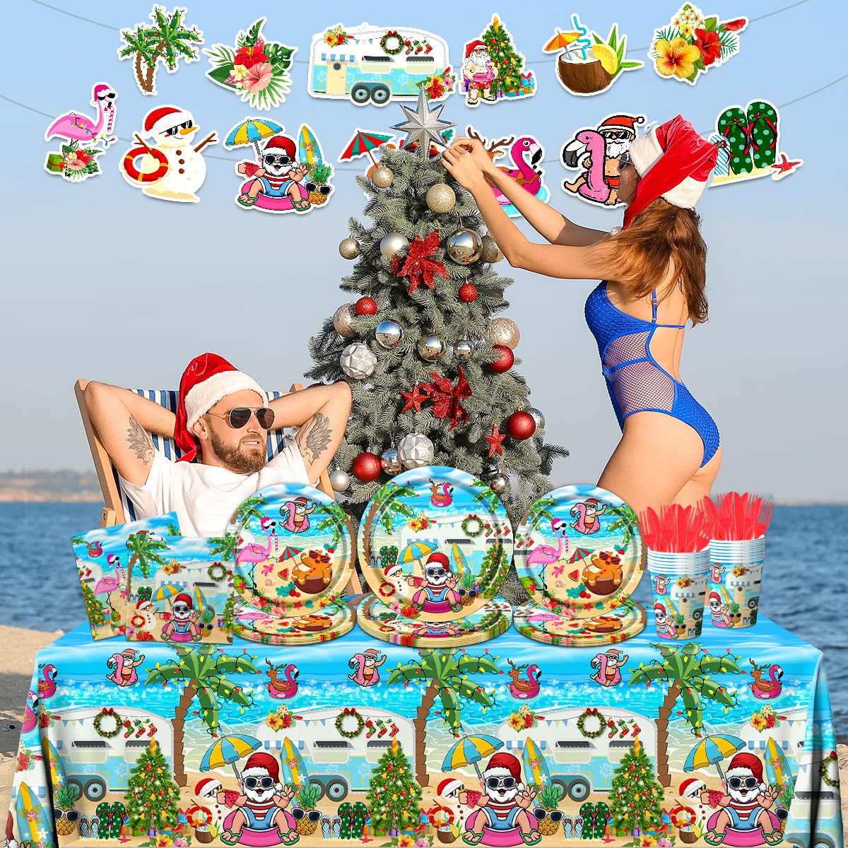 142pcs Summer Christmas Plates Tableware Set Summer Beach Hawaiian Santa Plates Napkins Cups for Summer Pool Mele kalikimaka Tropical Christmas Luau