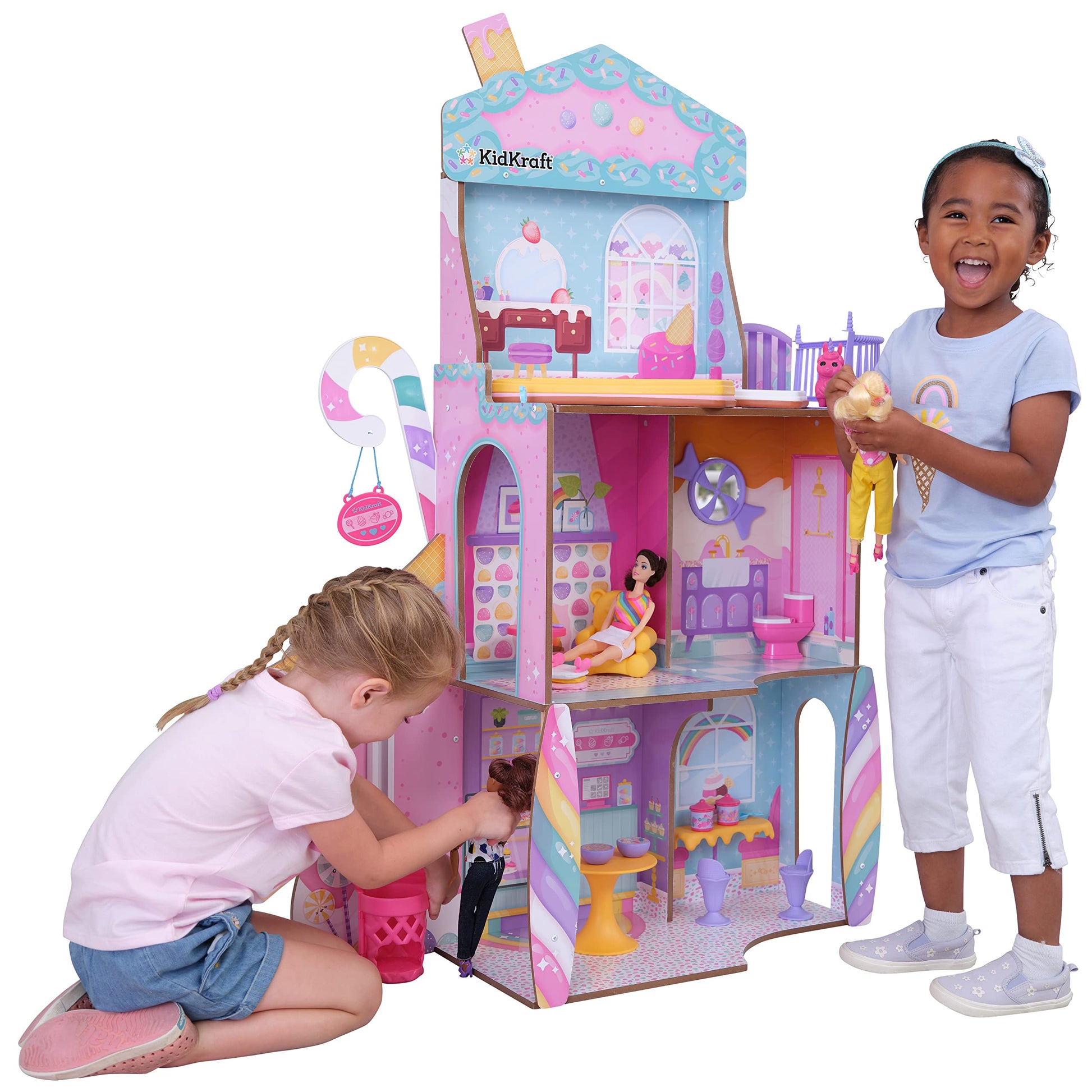 KidKraft 20242 Wooden Doll House Candy Castle Toy Set with Unicorn Llama Figure and Ice Cone Lift for Dolls, Toy for Children from 3 Years