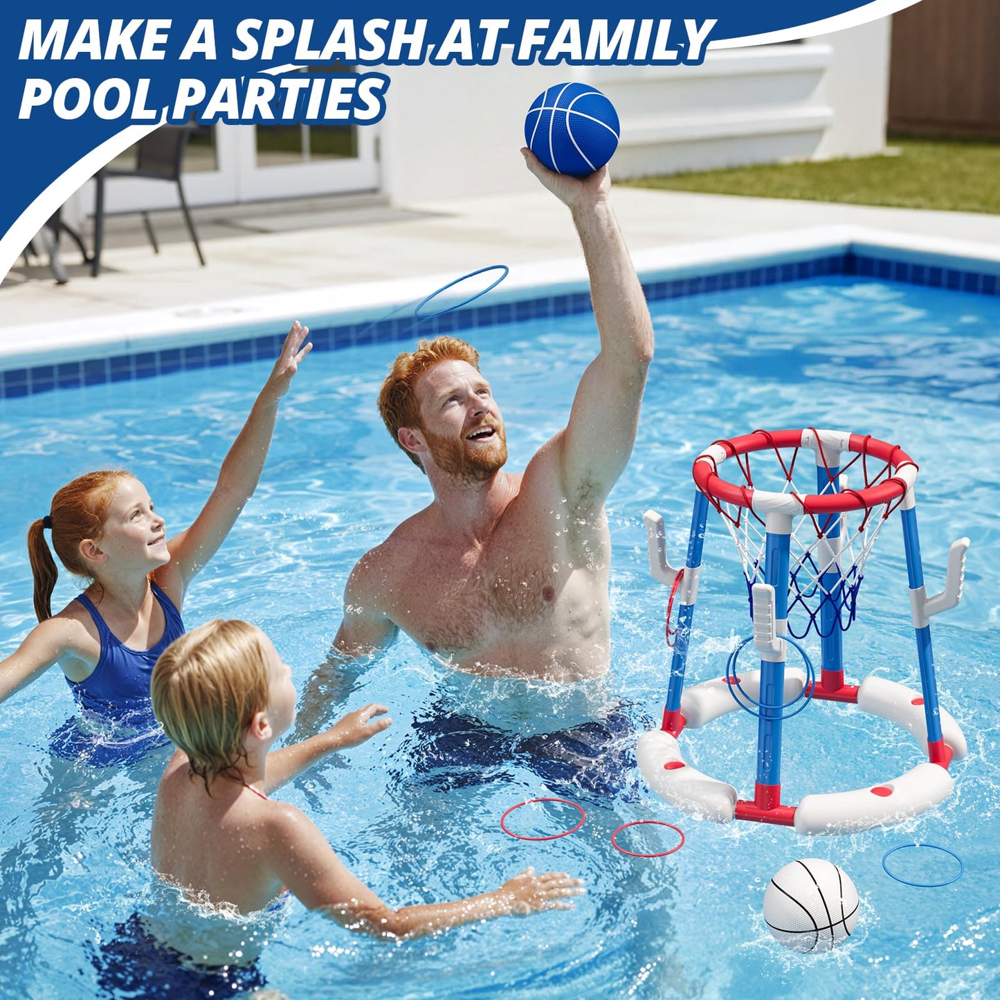 2-in-1 Pool Basketball Hoop & Ring Toss Game, Floating Pool Toys for Kids