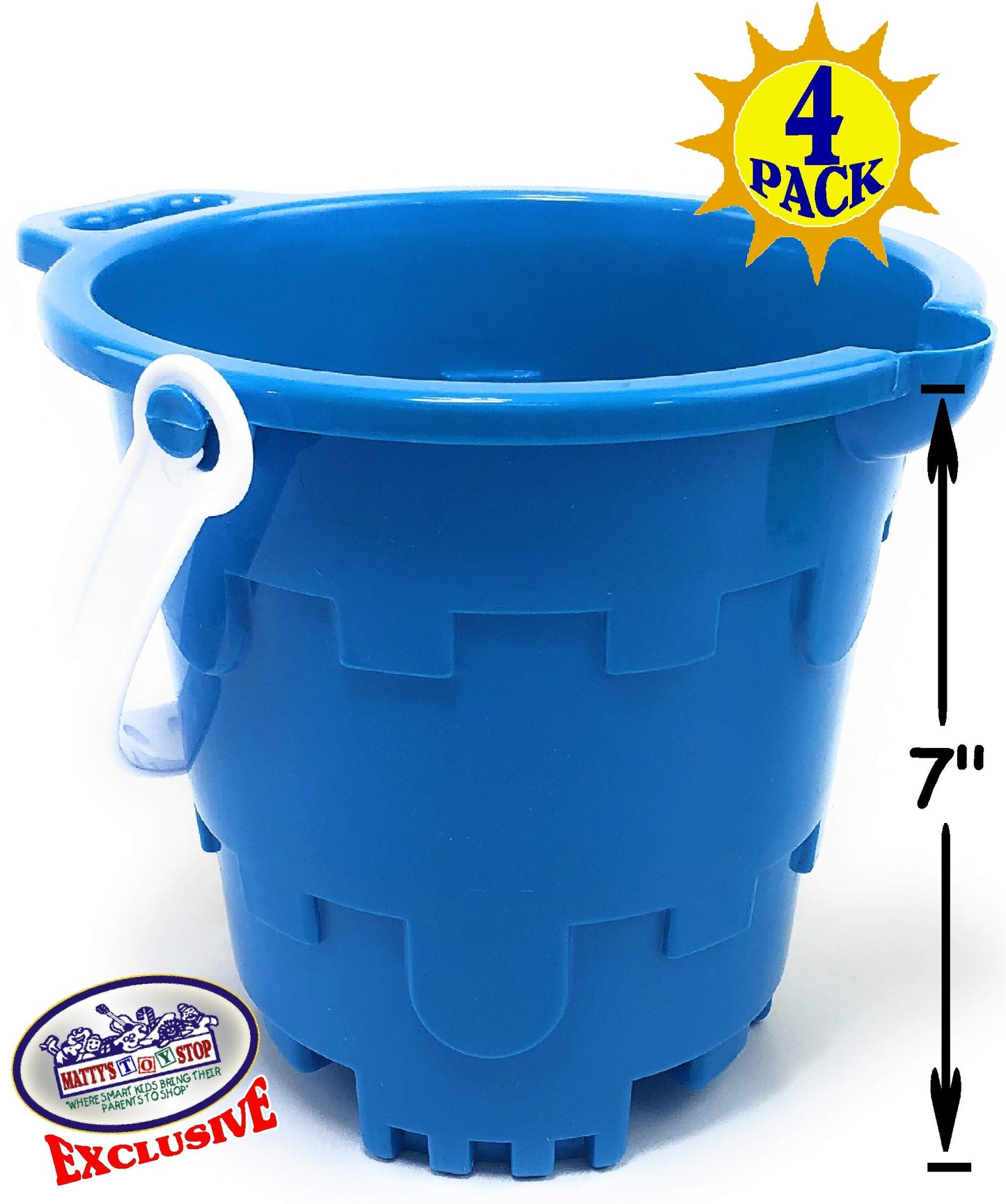 Matty's Toy Stop Beach Gear 7" Plastic Castle Mold Sand Buckets (Pails) with Easy Pour Spout and Handle Blue, Pink, Green & Yellow Party Set Bundle