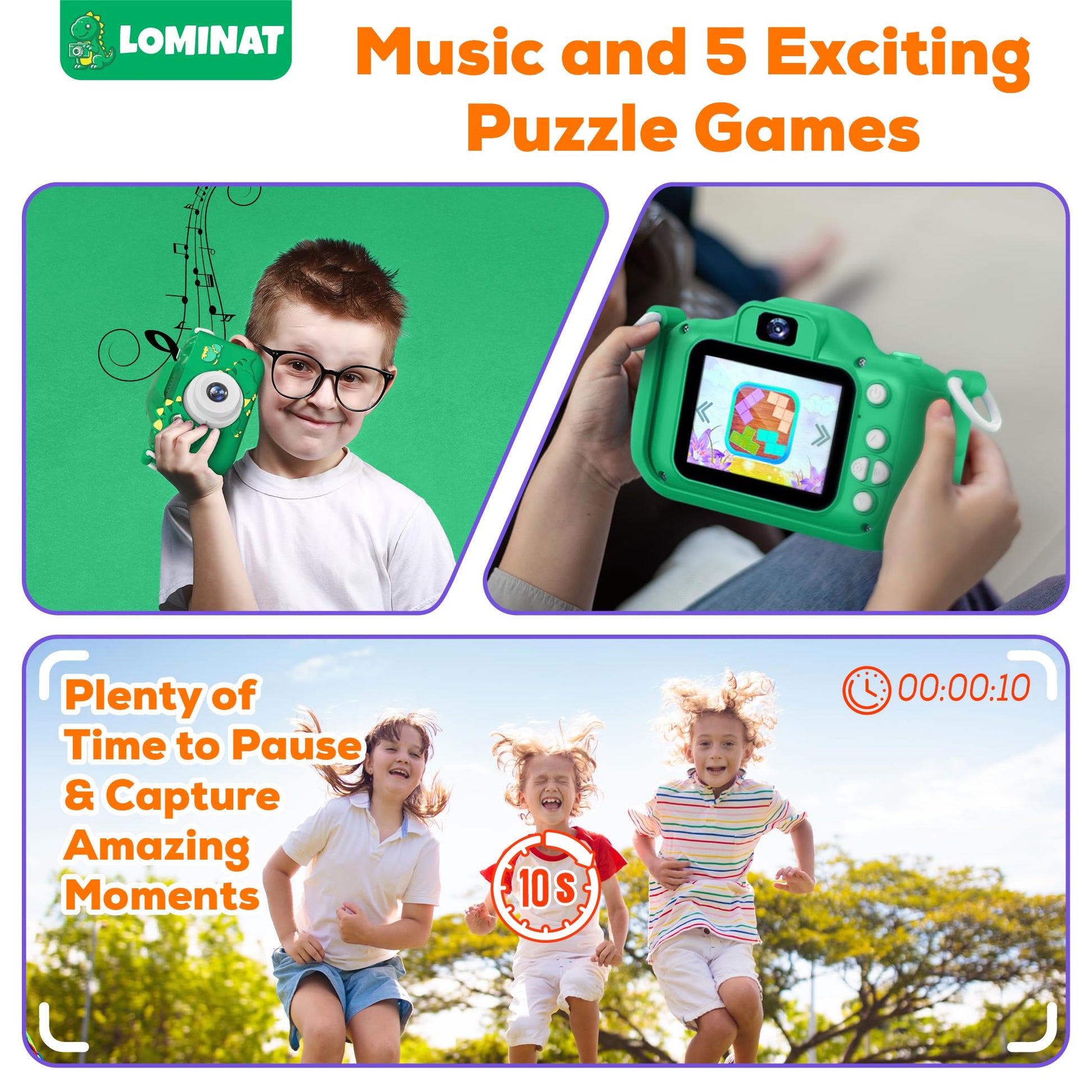 Kids Camera for 3, 4, 5, 6, 7, 8, 9 Year Old Boys Girls - 1080P HD Kids Video Camera, Dinosaur Christmas Birthday Gifts, Toddler Dual Lens Digital