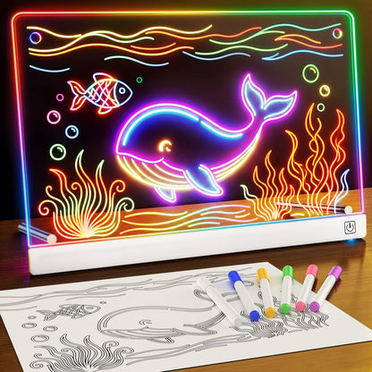 14'' LED Drawing Board for Kids with 7 Colors & 3 Modes, Neon Art Light Up drawing board with Battery Case, Doodle Magic lumiboard Writing Tablet