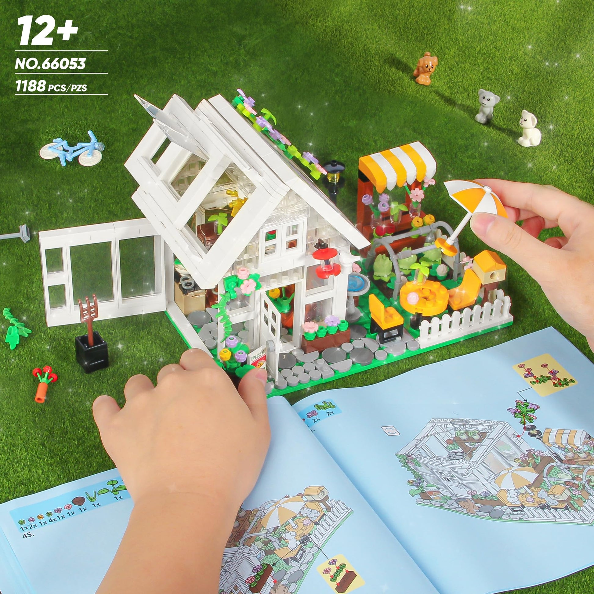 Flower House Building Set, Greenhouse Building Block Set with LED Lights, DIY Greenhouse KIt-Ideal Gifts for Kids and Adults-Plant and Animal Lovers
