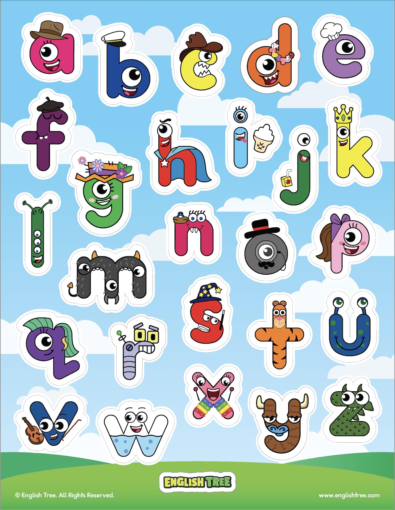 ENGLISH TREE Lowercase Alphabet Letter Stickers - Premium Lowercase Vinyl Stickers, Colorful Stickers for Kids, 8.5" x 11" x10 Sheets (10)