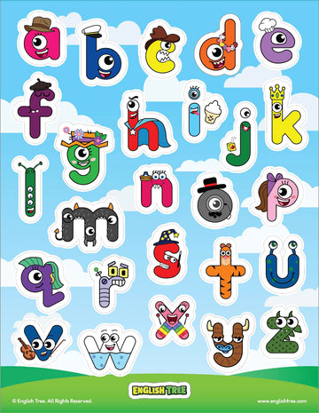 ENGLISH TREE Lowercase Alphabet Letter Stickers - Premium Lowercase Vinyl Stickers, Colorful Stickers for Kids, 8.5" x 11" x10 Sheets (10)