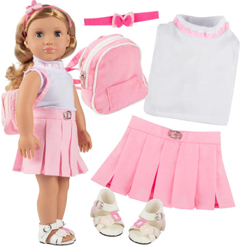 5pc Casual School 18" Doll Outfit w Pink Backpack- Compatible with American Girl- Premium Handmade Pink Preppy Clothes & Accessories Set Includes