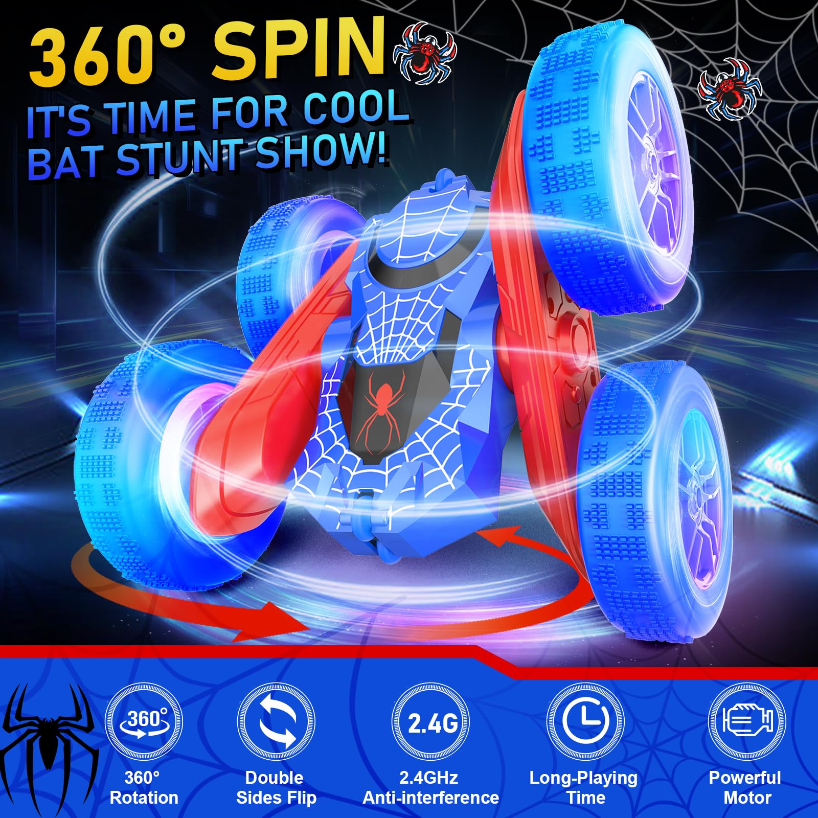 NQD Spider Remote Control Car- Double Sided 360°Rotate RC Stunt Car with Wheel Lights, 4WD Off-Road RC Cars 2.4Ghz Indoor/Outdoor Rechargeable Toy Car
