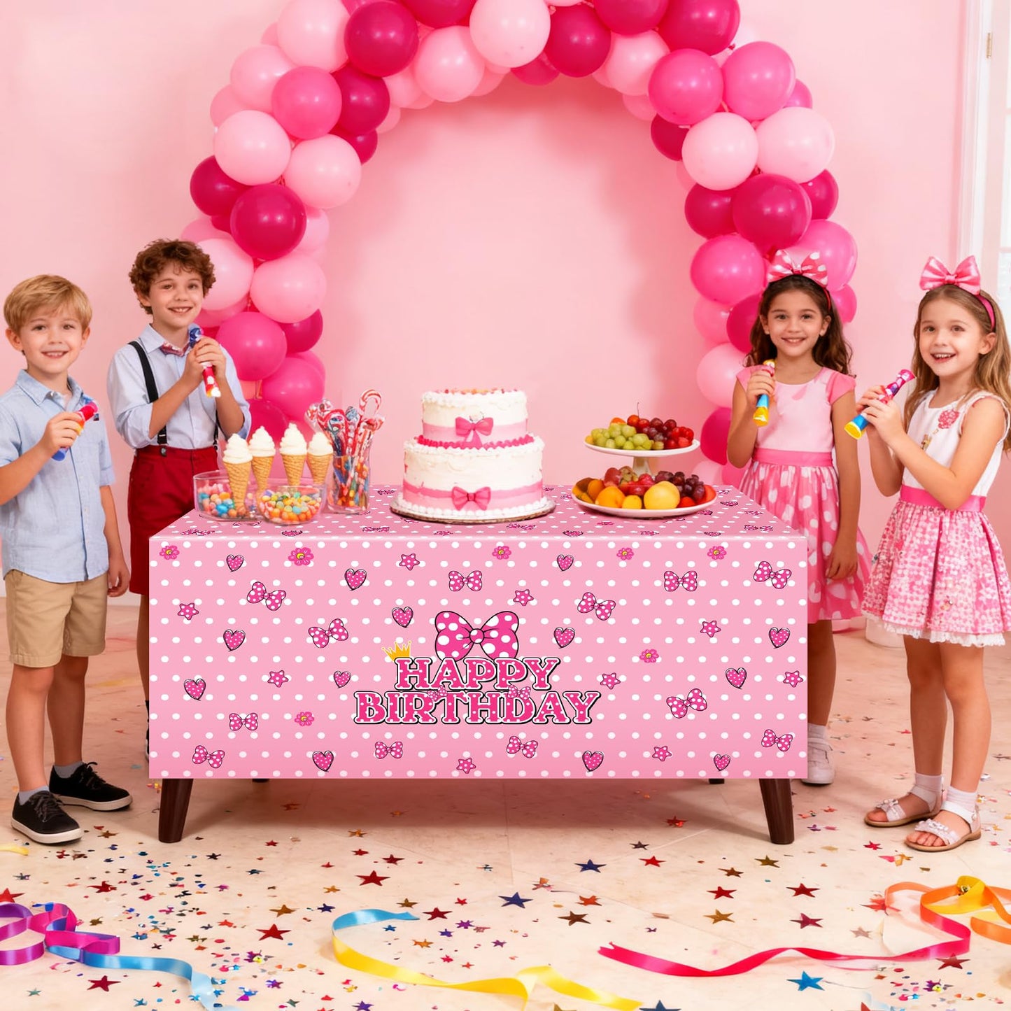 KMZFPYJ 6Ft Pink Bow Birthday Party Tablecloth, Cute Mouse Bow Party Decorations, Bow Table Cloth for Kids Girls Pink Mouse Theme Party Decorations