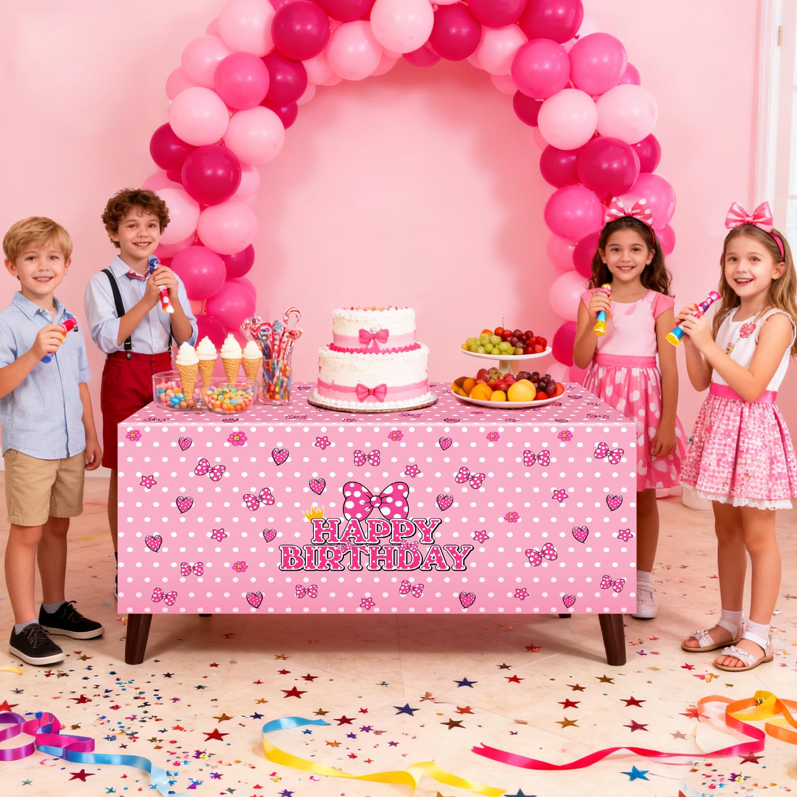 KMZFPYJ 6Ft Pink Bow Birthday Party Tablecloth, Cute Mouse Bow Party Decorations, Bow Table Cloth for Kids Girls Pink Mouse Theme Party Decorations