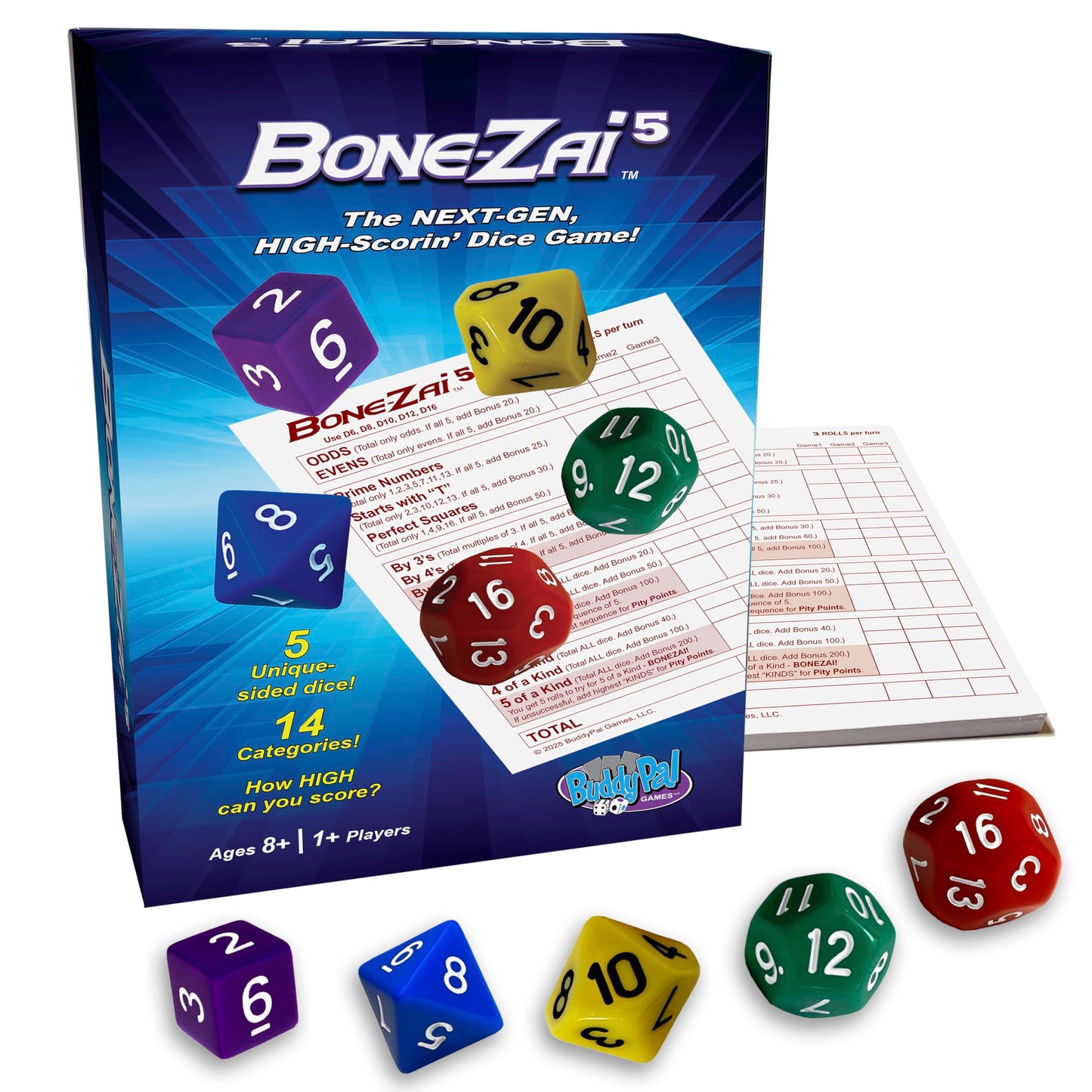 Buddypalgames Bone-Zai5 High-Scoring Family Dice Game | Fun Game with 5 Different RPG Dice, Exciting Categories, Risk and Reward. | Perfect