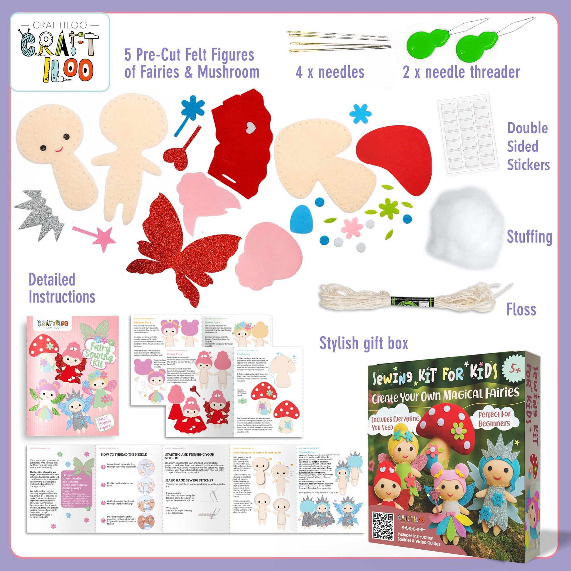 CRAFTILOO Fairy Sewing Kit for Kids Ages 5-12 - Beginner Sewing Kit with 5 Pre-Cut Felt Projects - Make Your Own Stuffed Animal Plush Dolls - Fun