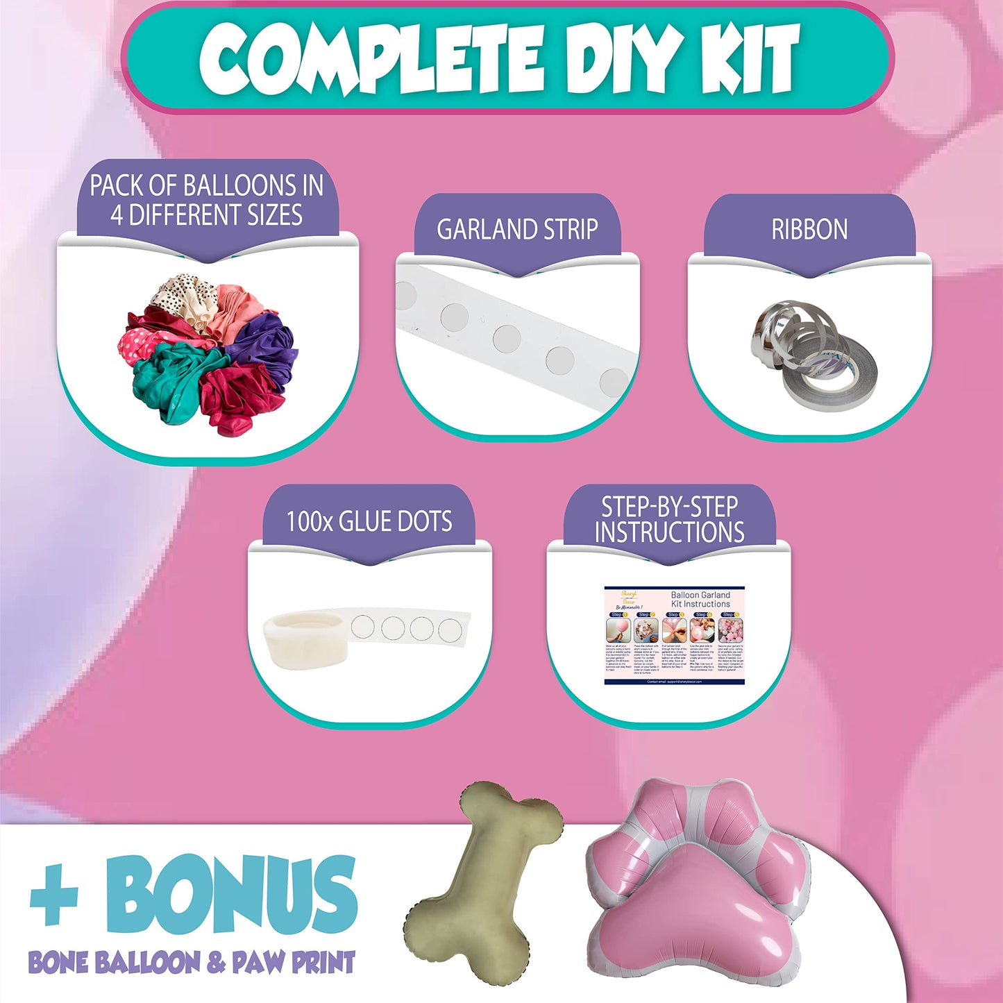 ALL-IN-1 Paw Balloon Garland Arch Kit with BONUS Bone & Paw Print Balloons - Pink Paw Balloons Girl for Paw Birthday Decorations Girl - Paw Party