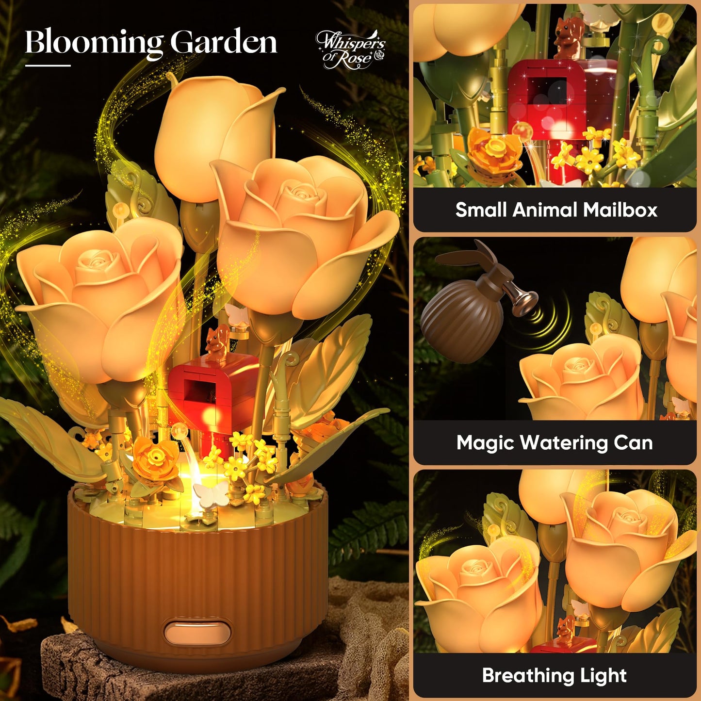 TekYetoi Magical Blooming Rose Building Set - Electric Moving Flowers Building Block with Realistic Watering Sound & LED Lights, Unique Birthday