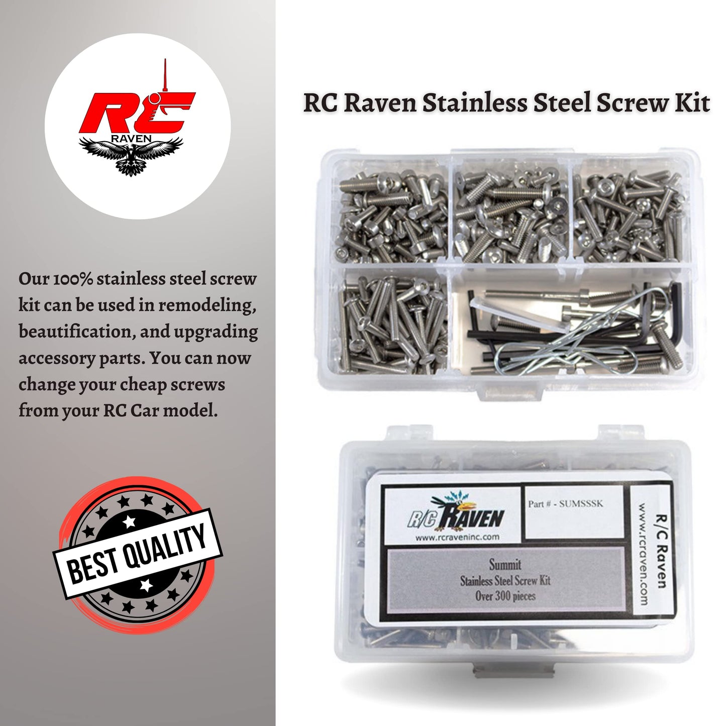 RC Raven RC Screw Kit for Summit with Over 300 Pieces Stainless Steel RC Car Tool Kit Including Head Screws, nyloc Nuts, Plain Nuts, washers and Set