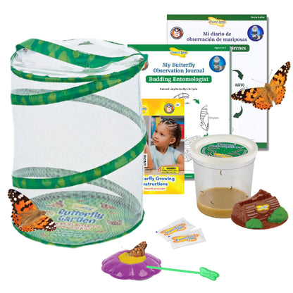Insect Lore Butterfly Garden with Live Cup of Caterpillars | English and Spanish STEM Activity Journals | 5 Painted Lady Butterfly Baby Caterpillars