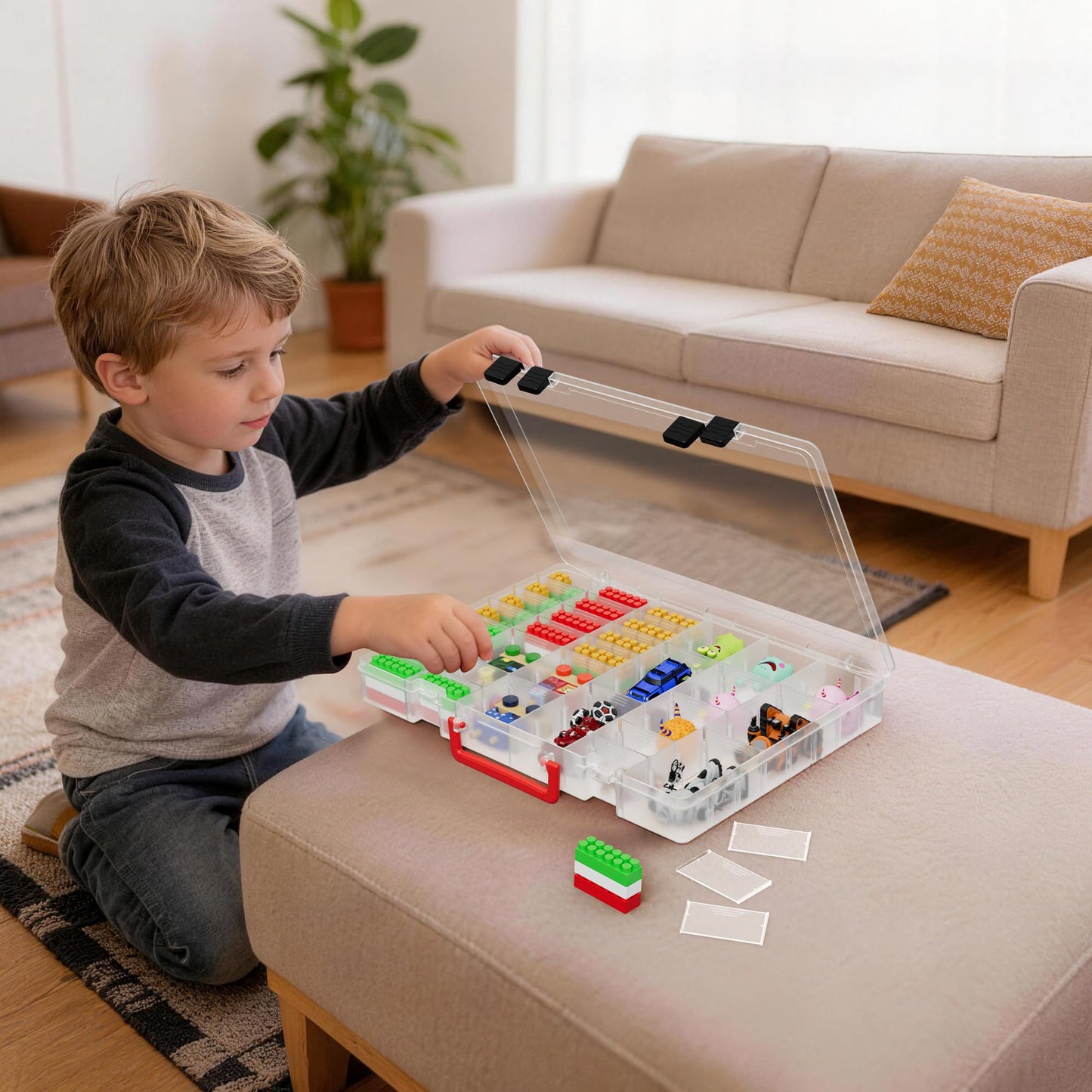 AISLE 3 ESSENTIALS Mini Toy Organizer Box 48 Compartment Storage Case, Clear Plastic Organizer with Adjustable Dividers, Portable Small Parts Storage